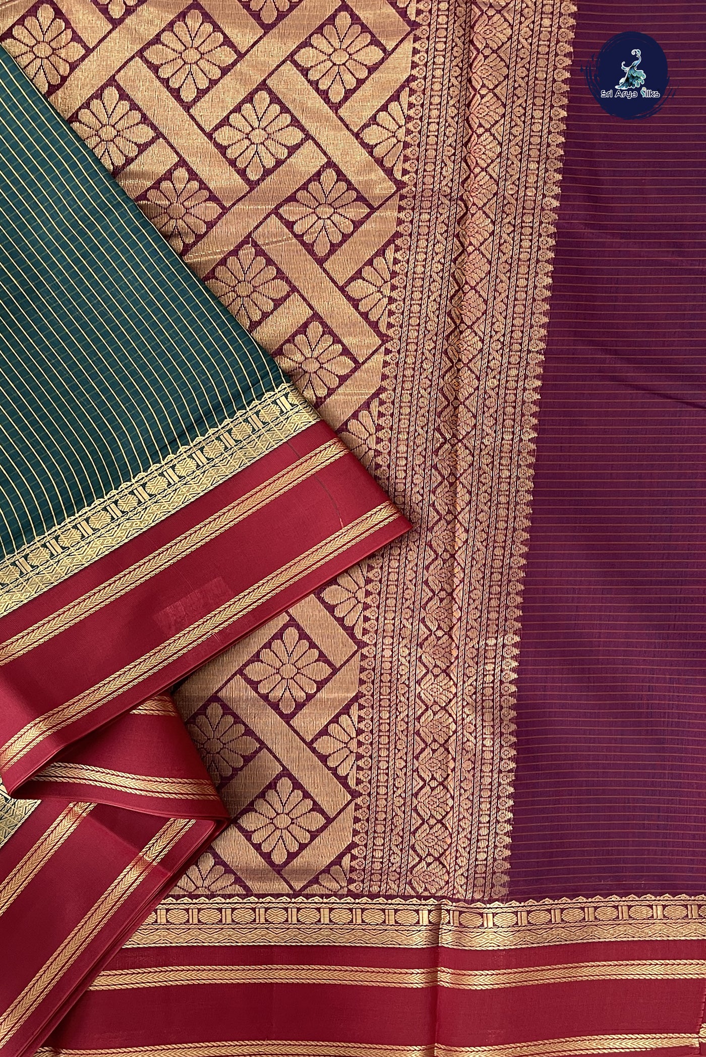 Bottle Green Madisar Semi Silk Cotton Saree With Checked Pattern