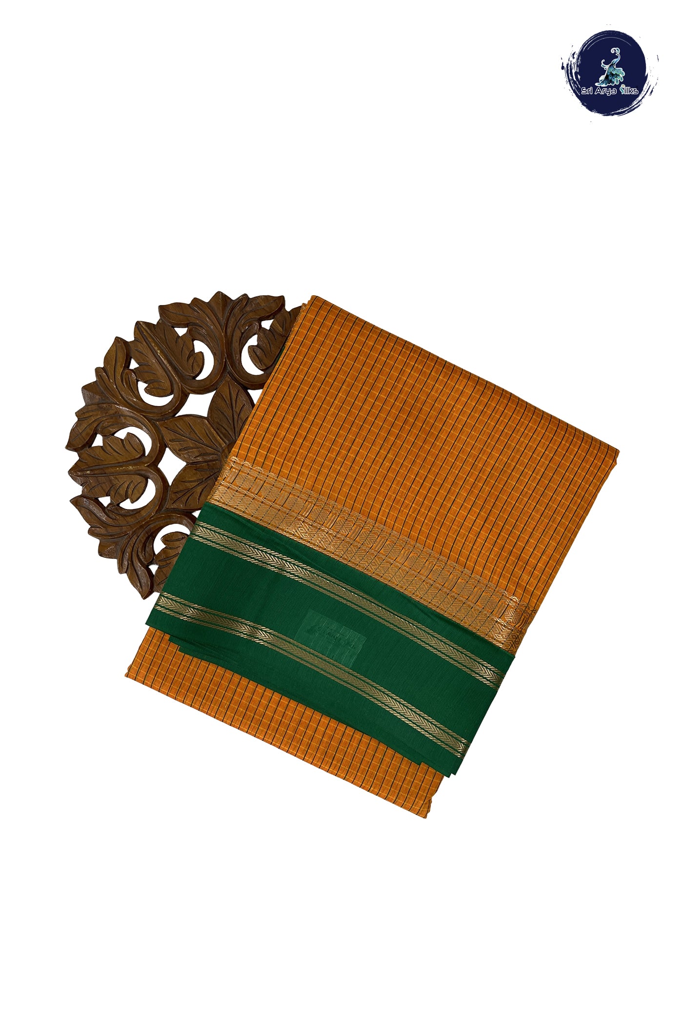 Yellowish Orange Madisar Semi Silk Cotton Saree With Checked Pattern
