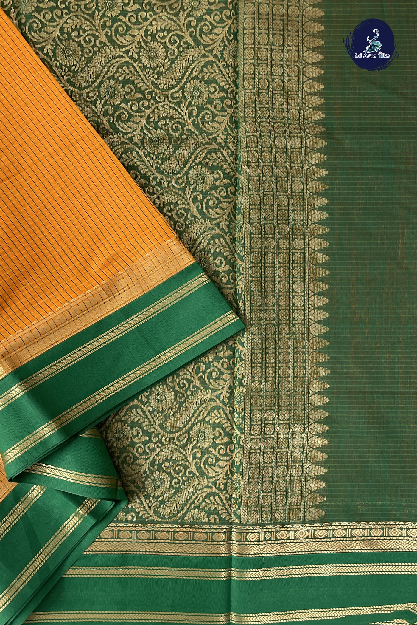 Yellowish Orange Madisar Semi Silk Cotton Saree With Checked Pattern