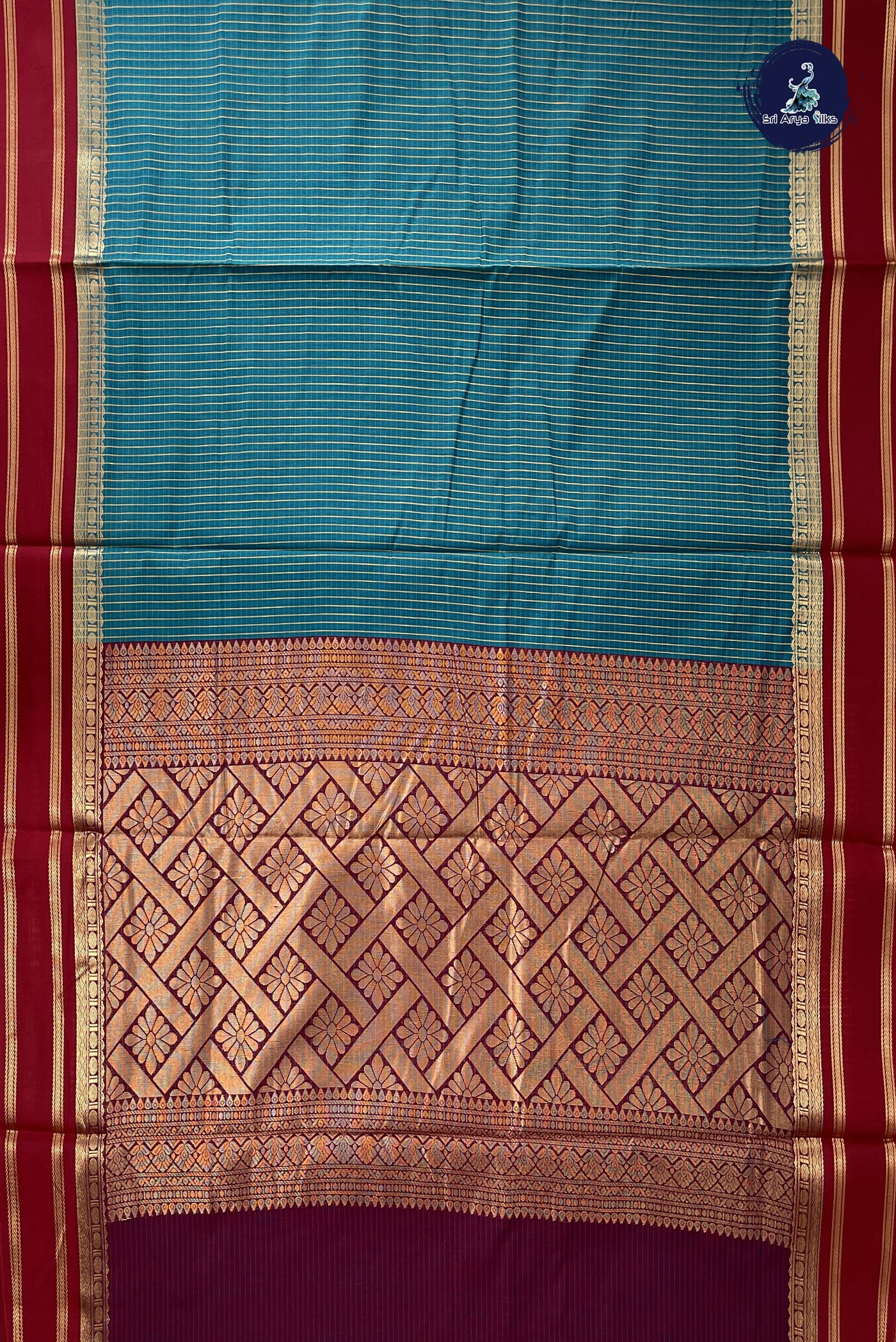 Teal Madisar Semi Silk Cotton Saree With Checked Pattern