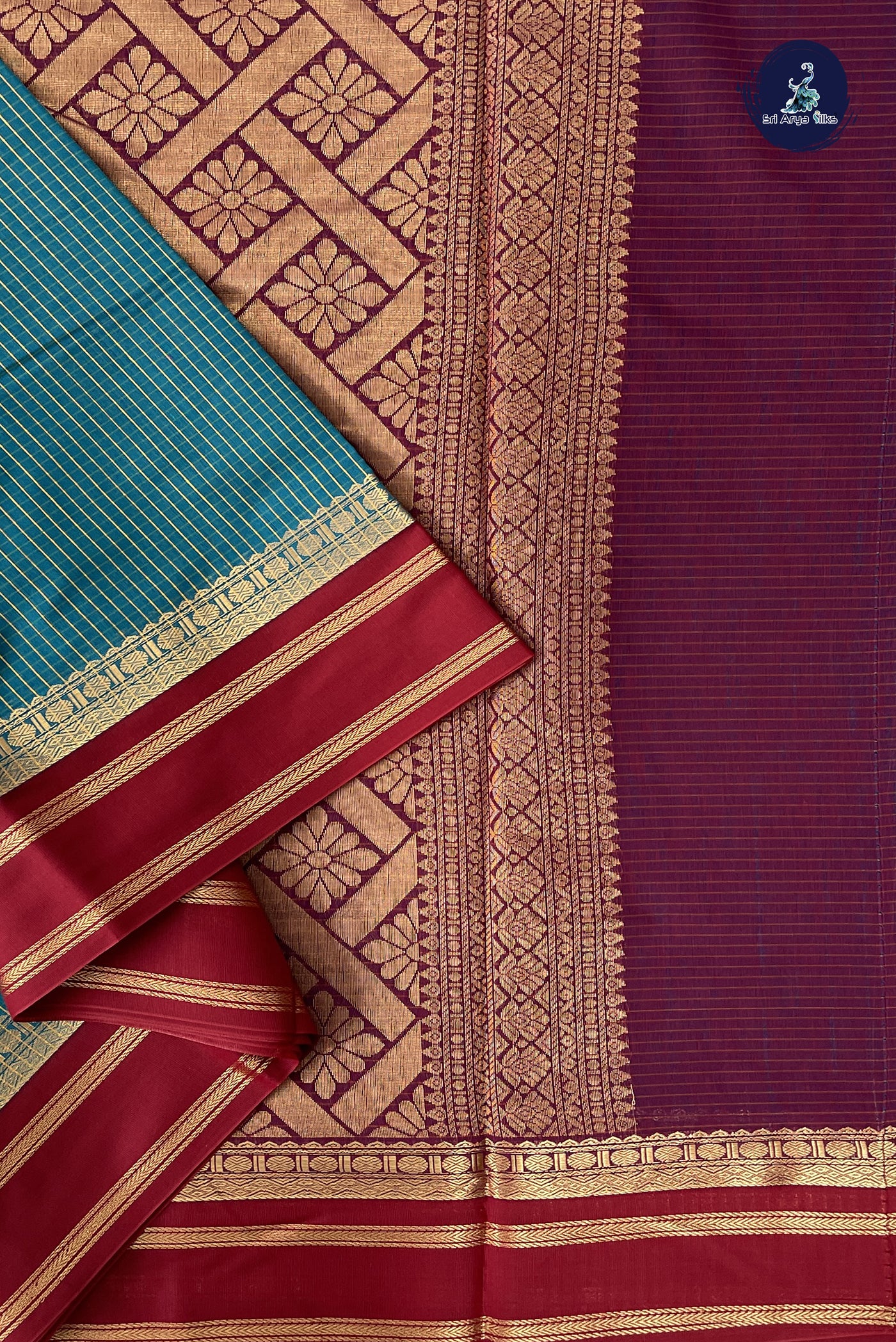 Teal Madisar Semi Silk Cotton Saree With Checked Pattern