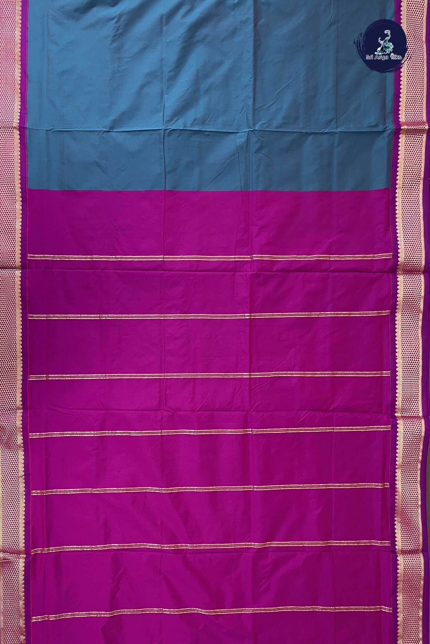 Teal Blue 9 Yards Semi Silk With Plain Pattern