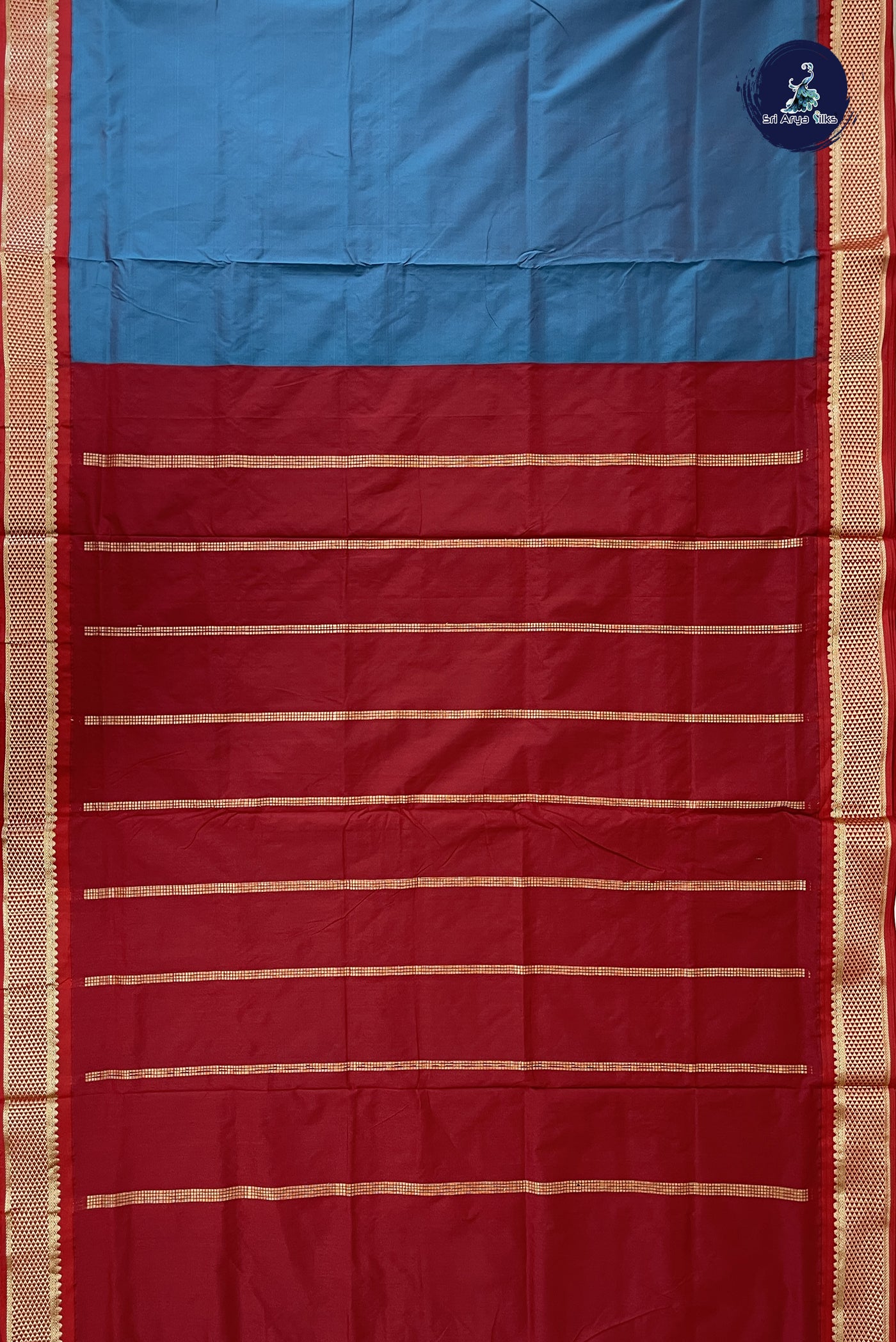 Teal Blue 9 Yards Semi Silk With Plain Pattern