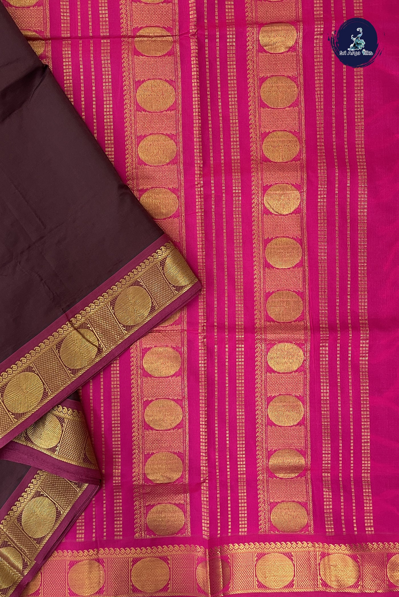 Brown Madisar Semi Silk Cotton Saree With Plain Pattern