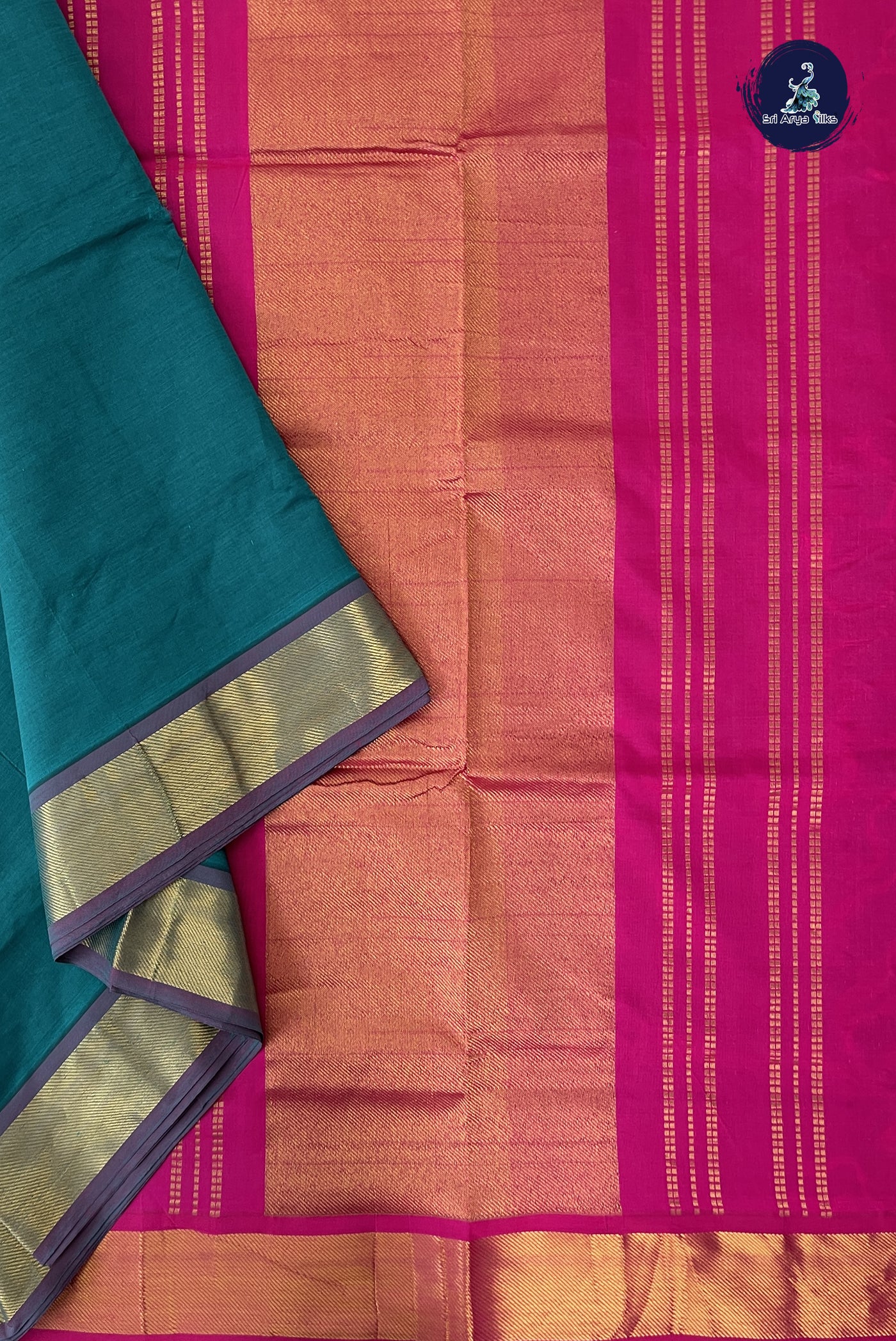 Peacock Green Madisar Semi Silk Cotton Saree With Plain Pattern