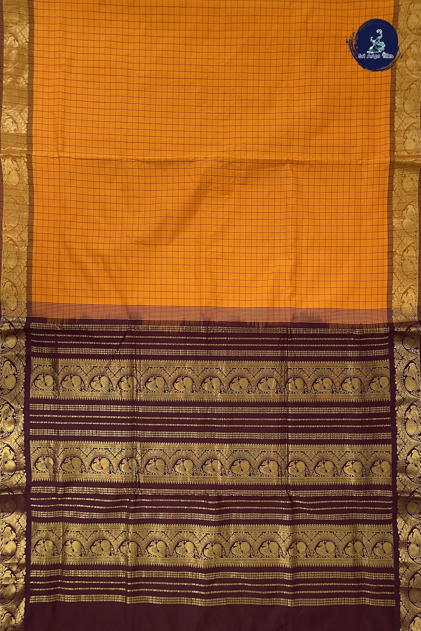 Mustard Yellow Madisar Semi Silk Cotton Saree With Checked Pattern