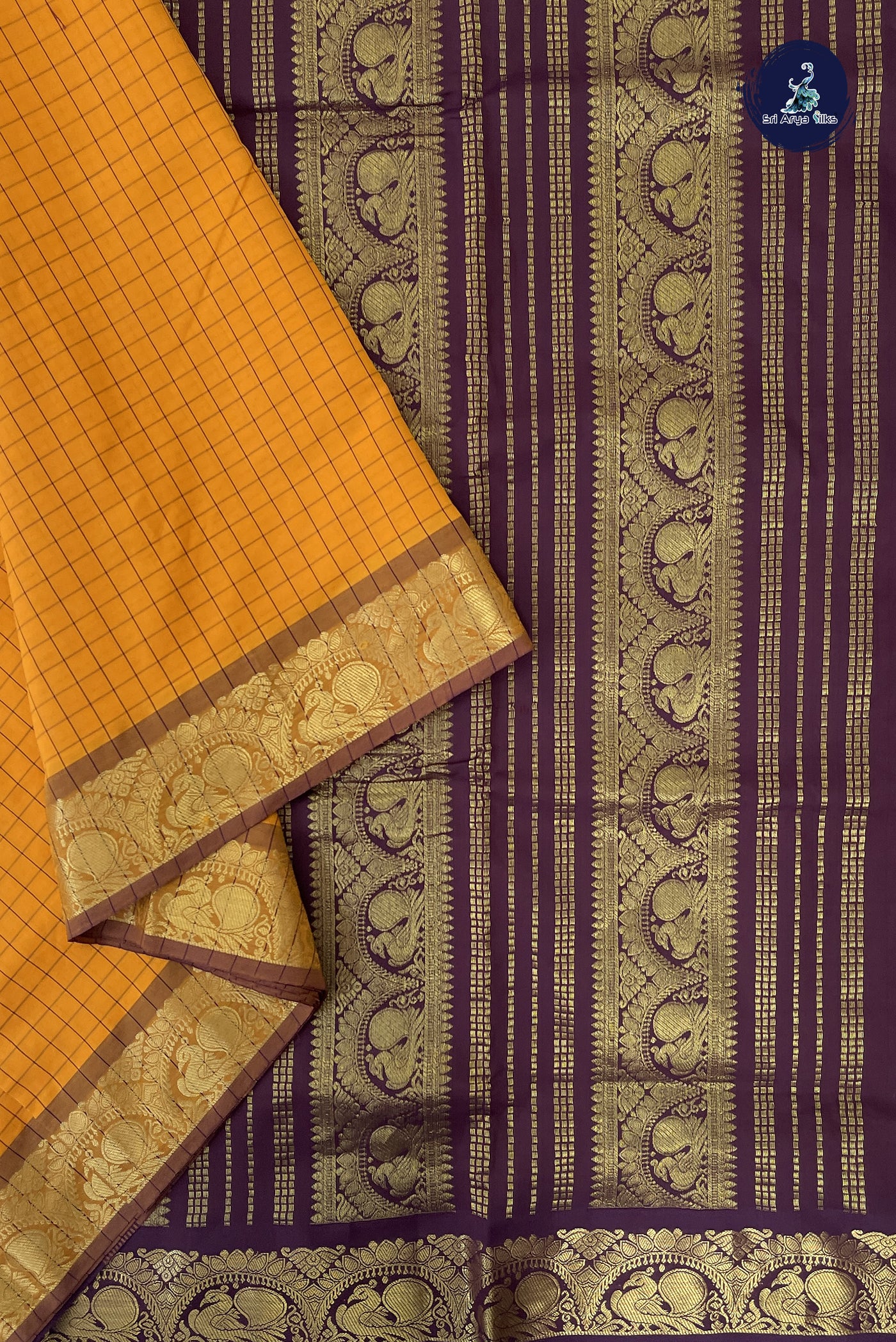 Mustard Yellow Madisar Semi Silk Cotton Saree With Checked Pattern