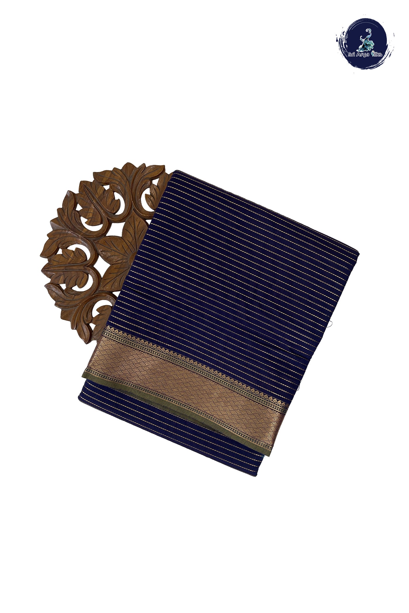 Navy Blue Madisar Semi Silk Cotton Saree With Stripes Pattern