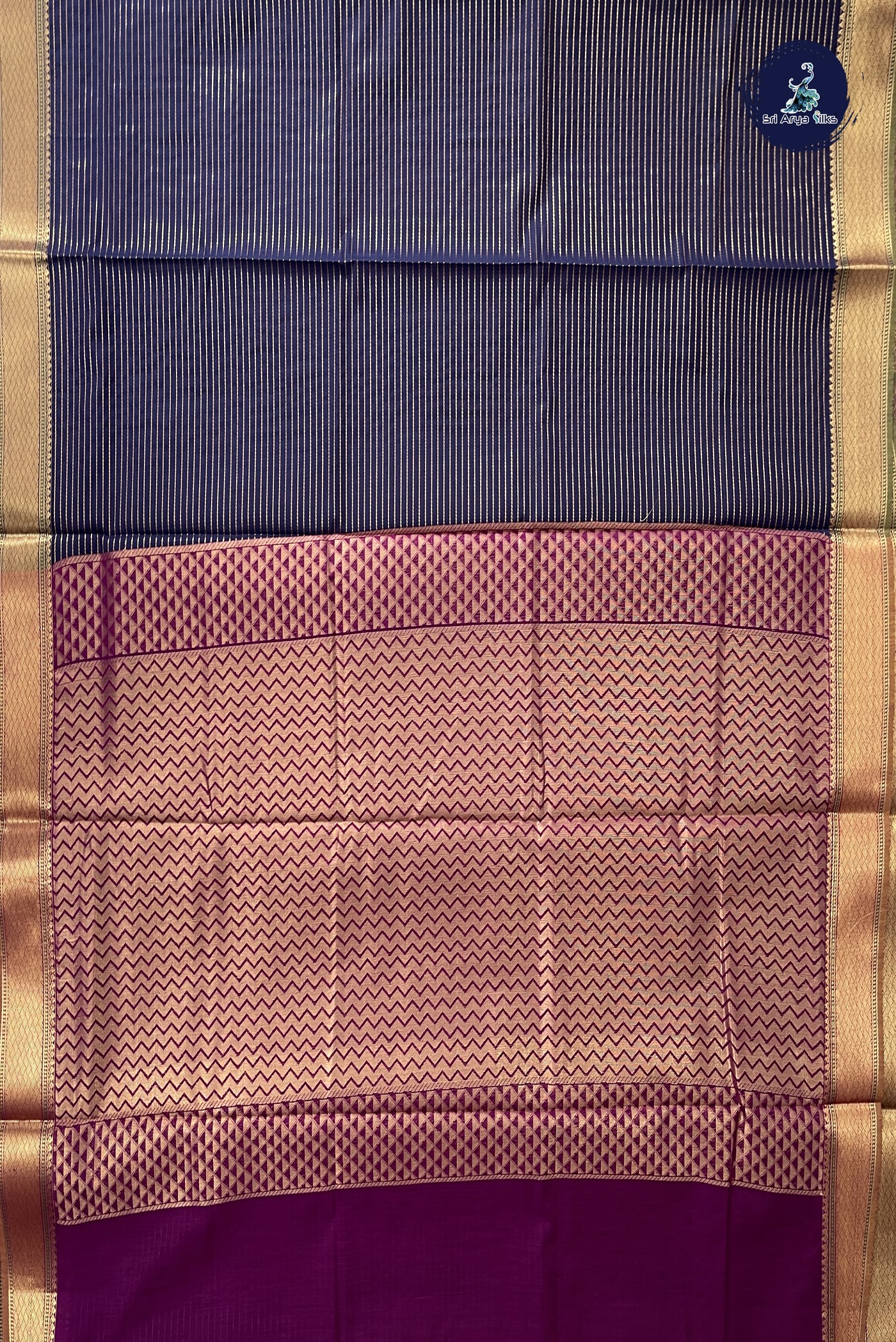 Navy Blue Madisar Semi Silk Cotton Saree With Stripes Pattern