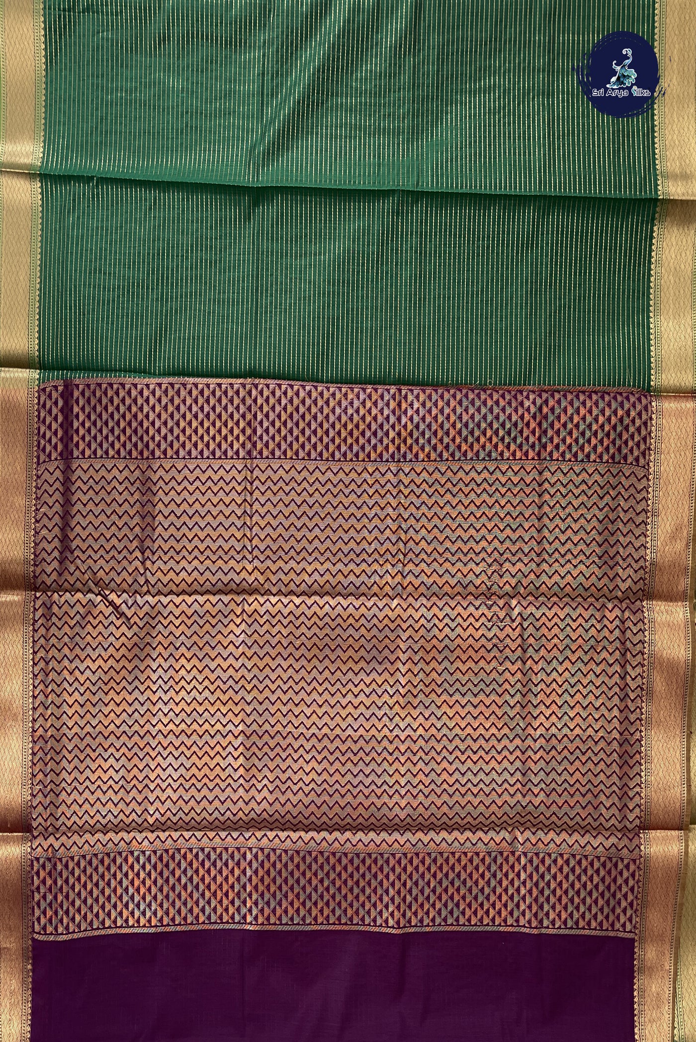 Green Madisar Semi Silk Cotton Saree With Stripes Pattern