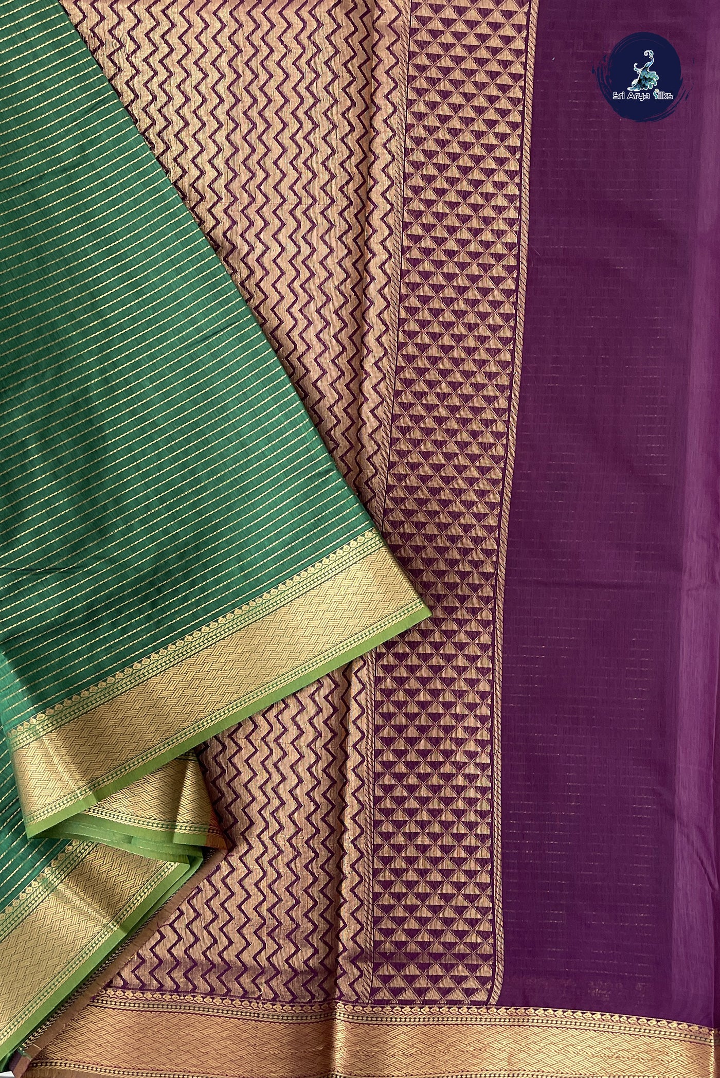 Green Madisar Semi Silk Cotton Saree With Stripes Pattern
