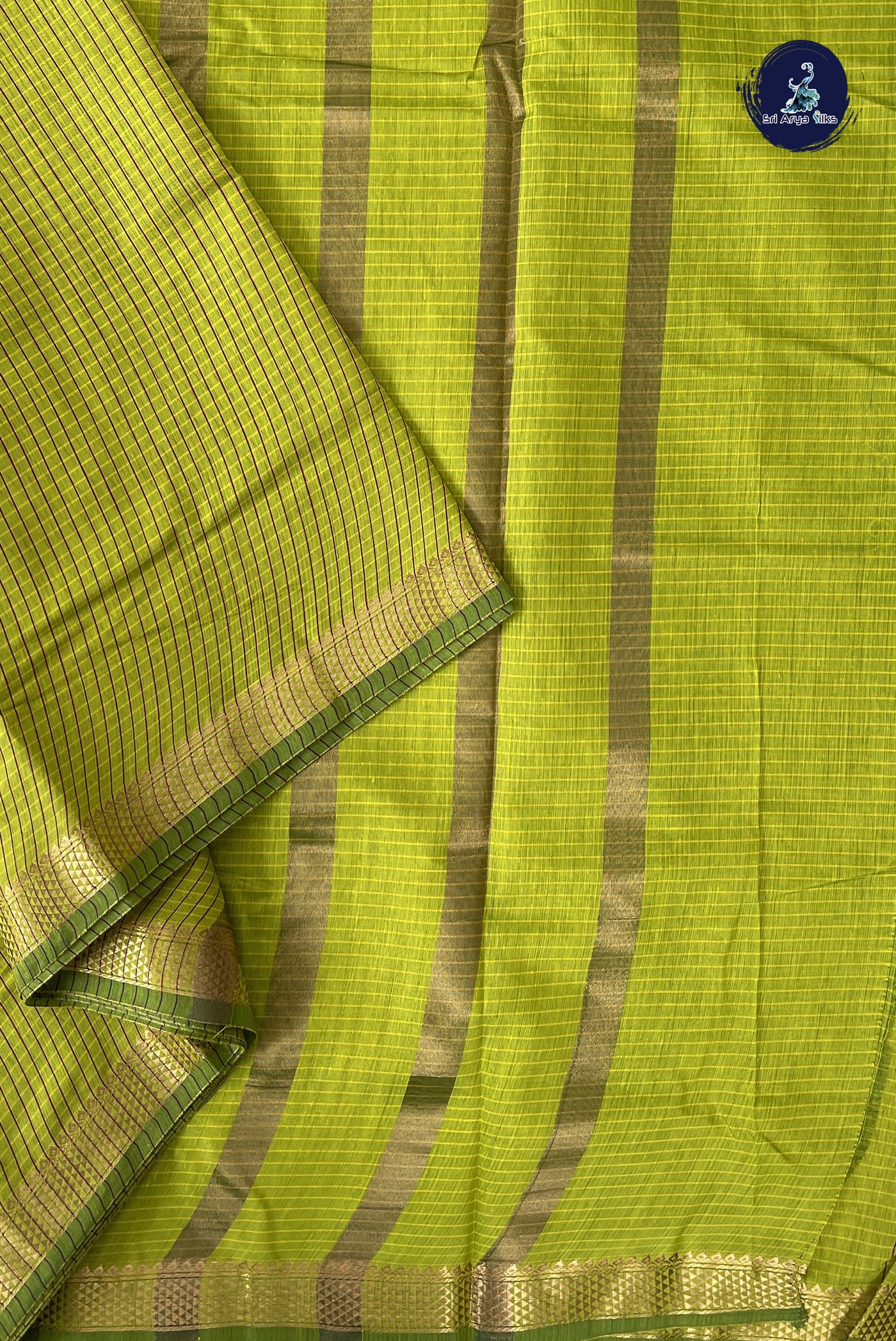 Light Green Madisar Semi Silk Cotton Saree With Checked Pattern