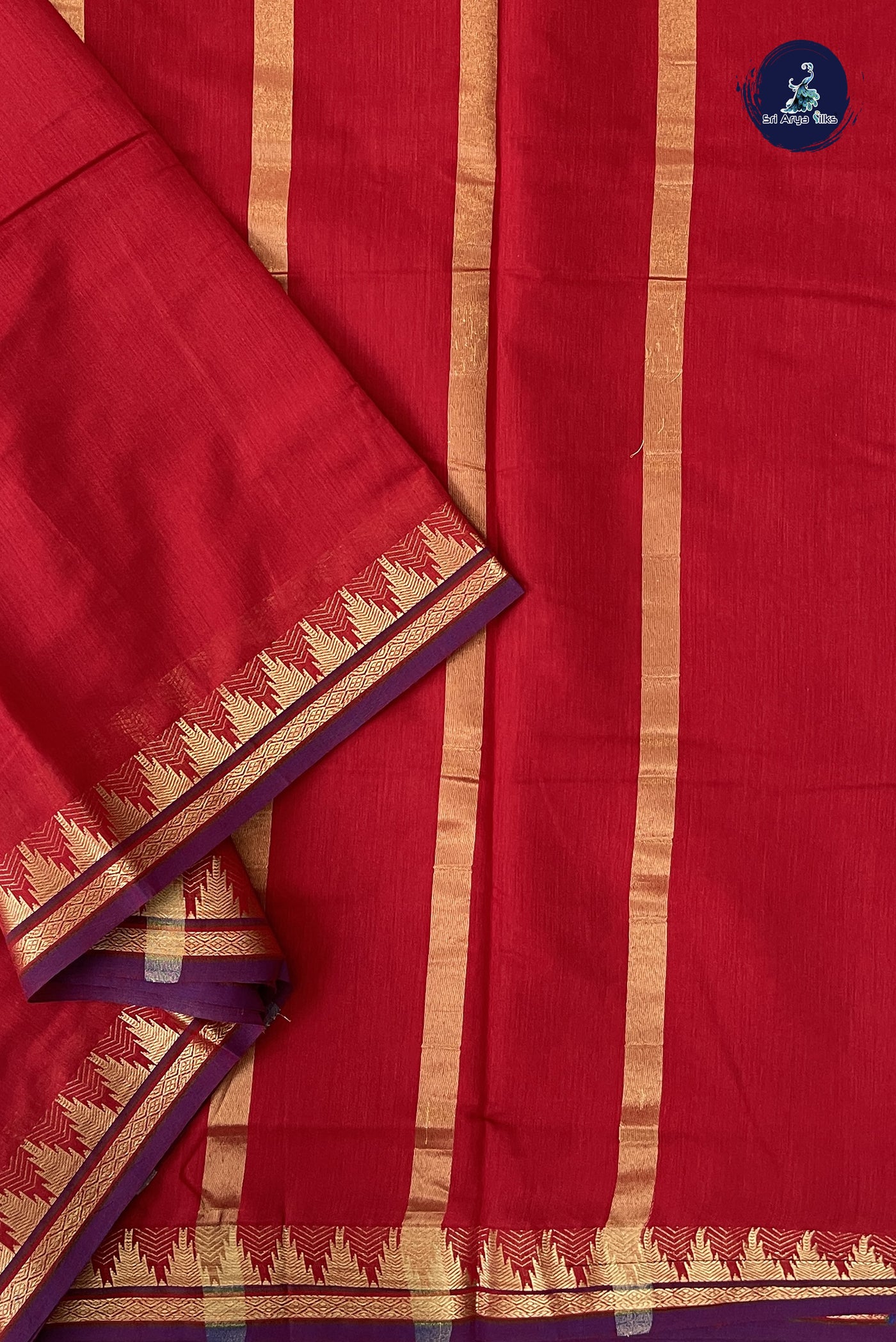 Red Madisar Semi Silk Cotton Saree With Plain Pattern