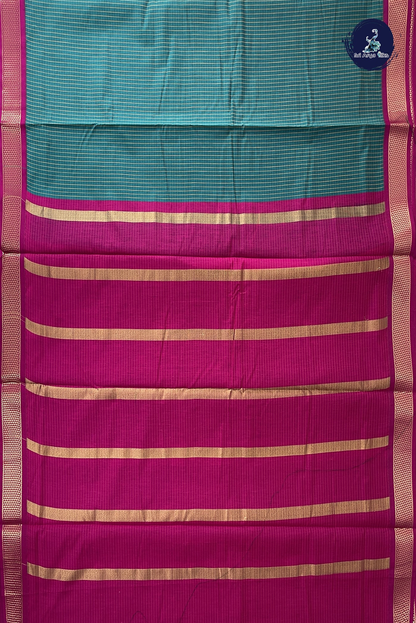 Sapphire Green Madisar Semi Silk Cotton Saree With Checked Pattern