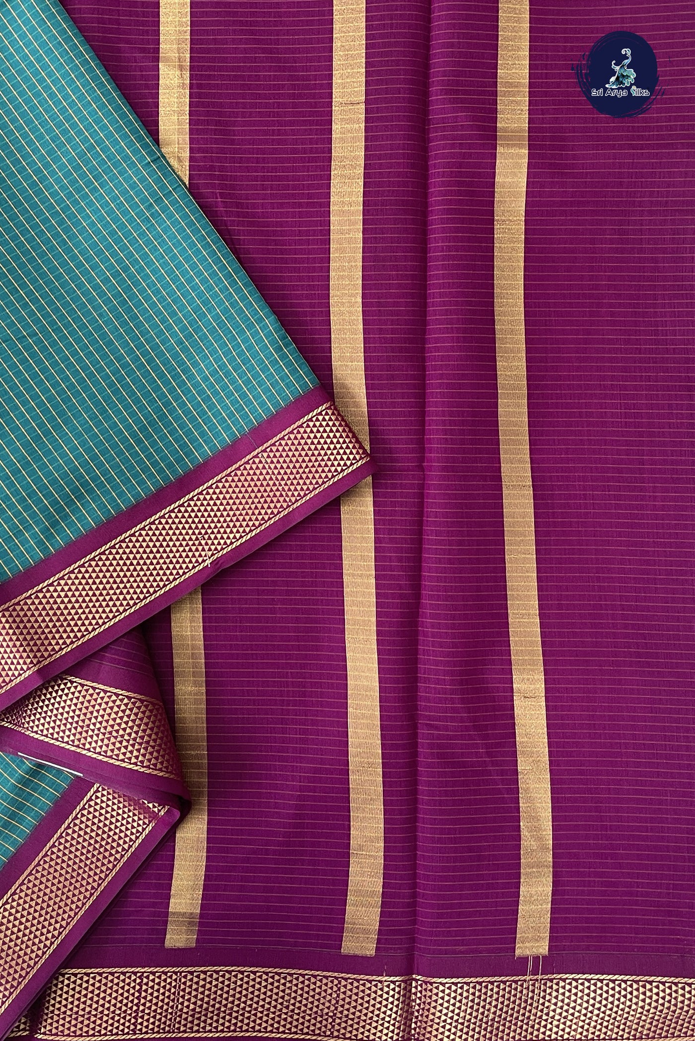 Sapphire Green Madisar Semi Silk Cotton Saree With Checked Pattern