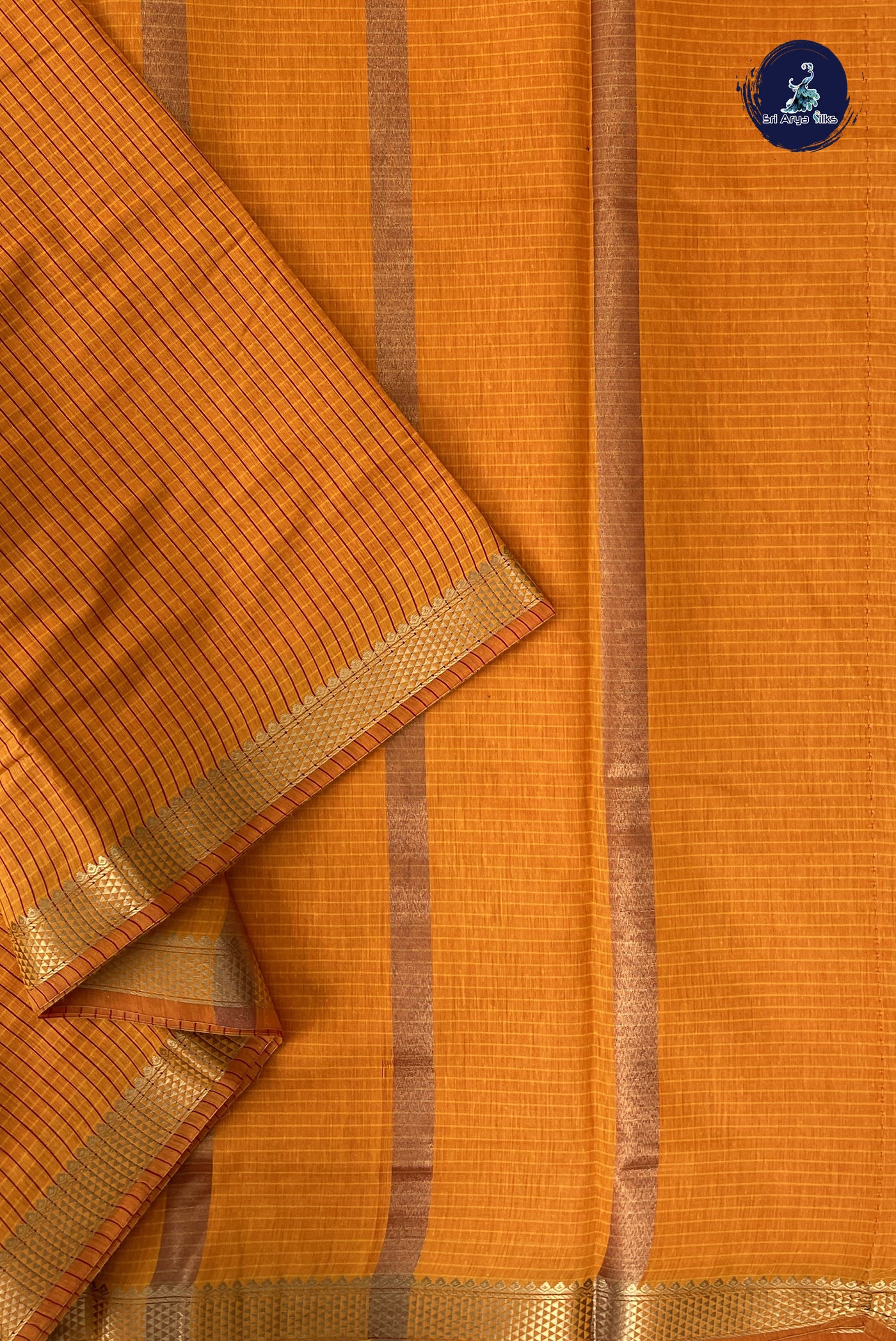 Yellowish Orange Madisar Semi Silk Cotton Saree With Checked Pattern