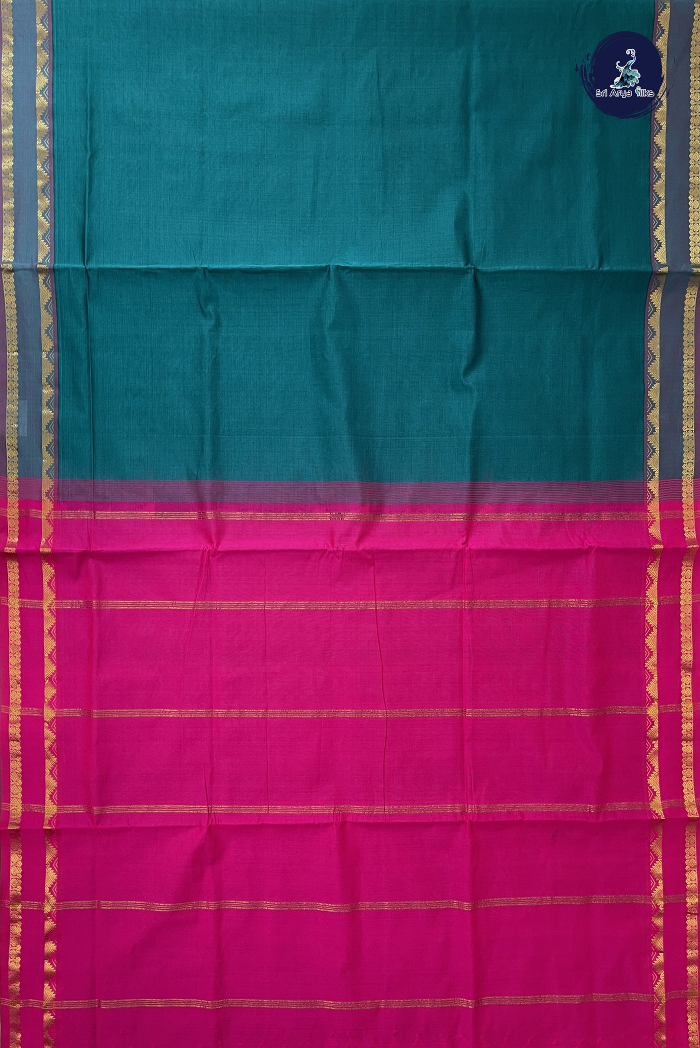 Peacock Green Madisar Semi Silk Cotton Saree With Plain Pattern