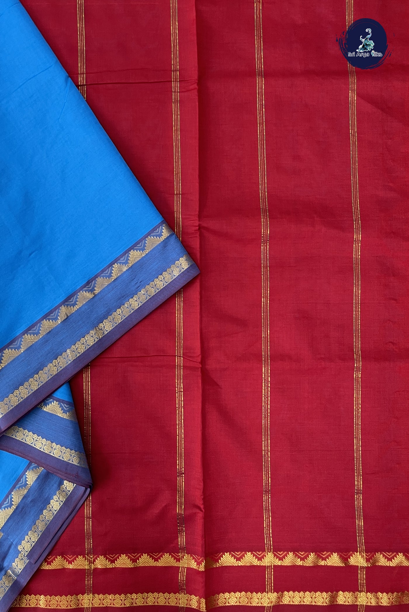 Copper Sulphate Blue Madisar Semi Silk Cotton Saree With Plain Pattern