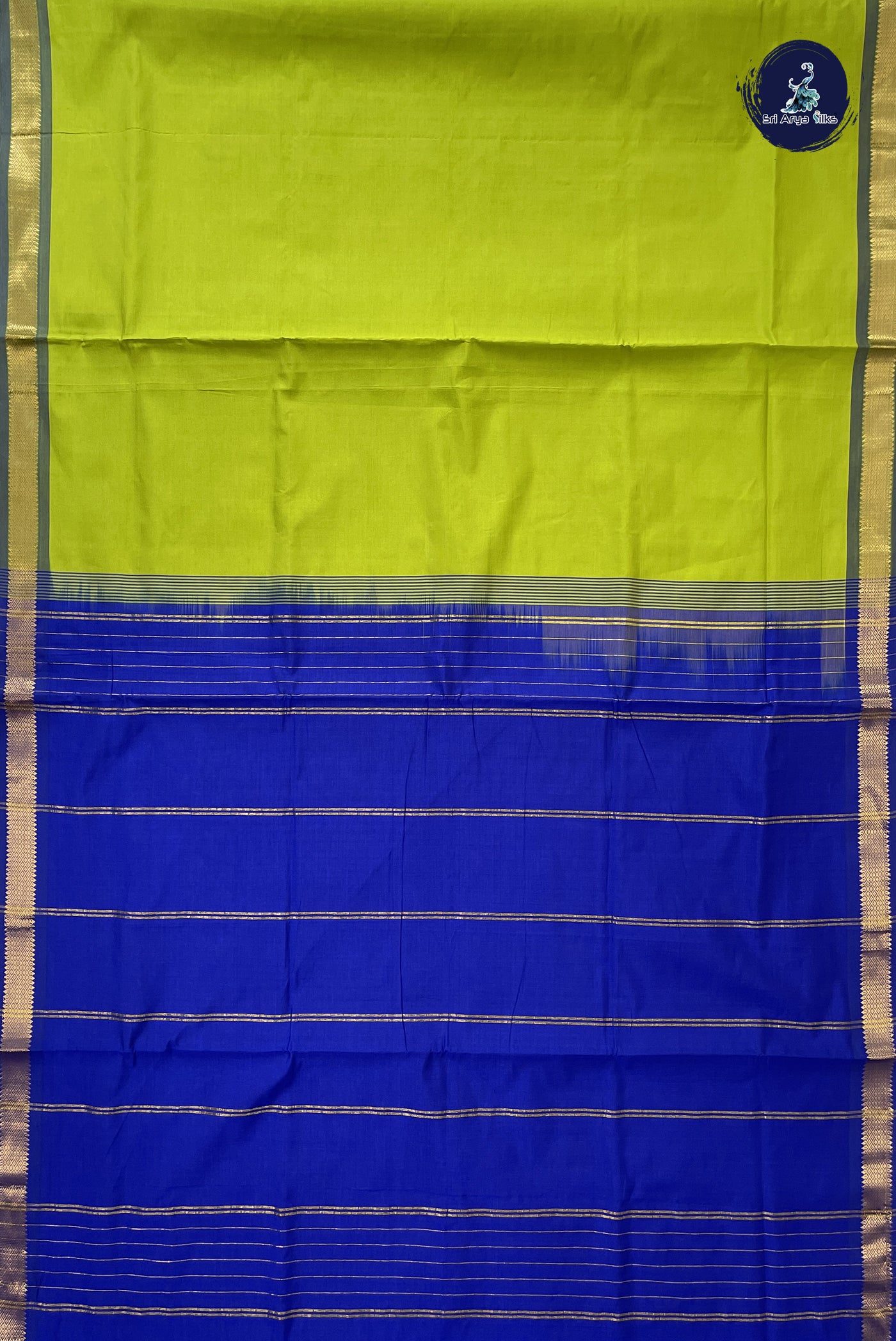 Lime Green Madisar Semi Silk Cotton Saree With Plain Pattern