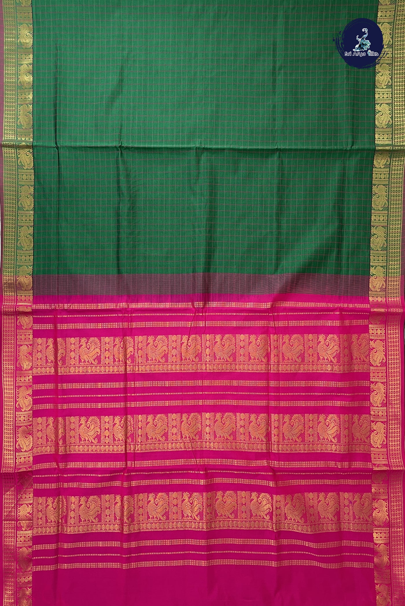 Dark Green Madisar Semi Silk Cotton Saree With Checked Pattern