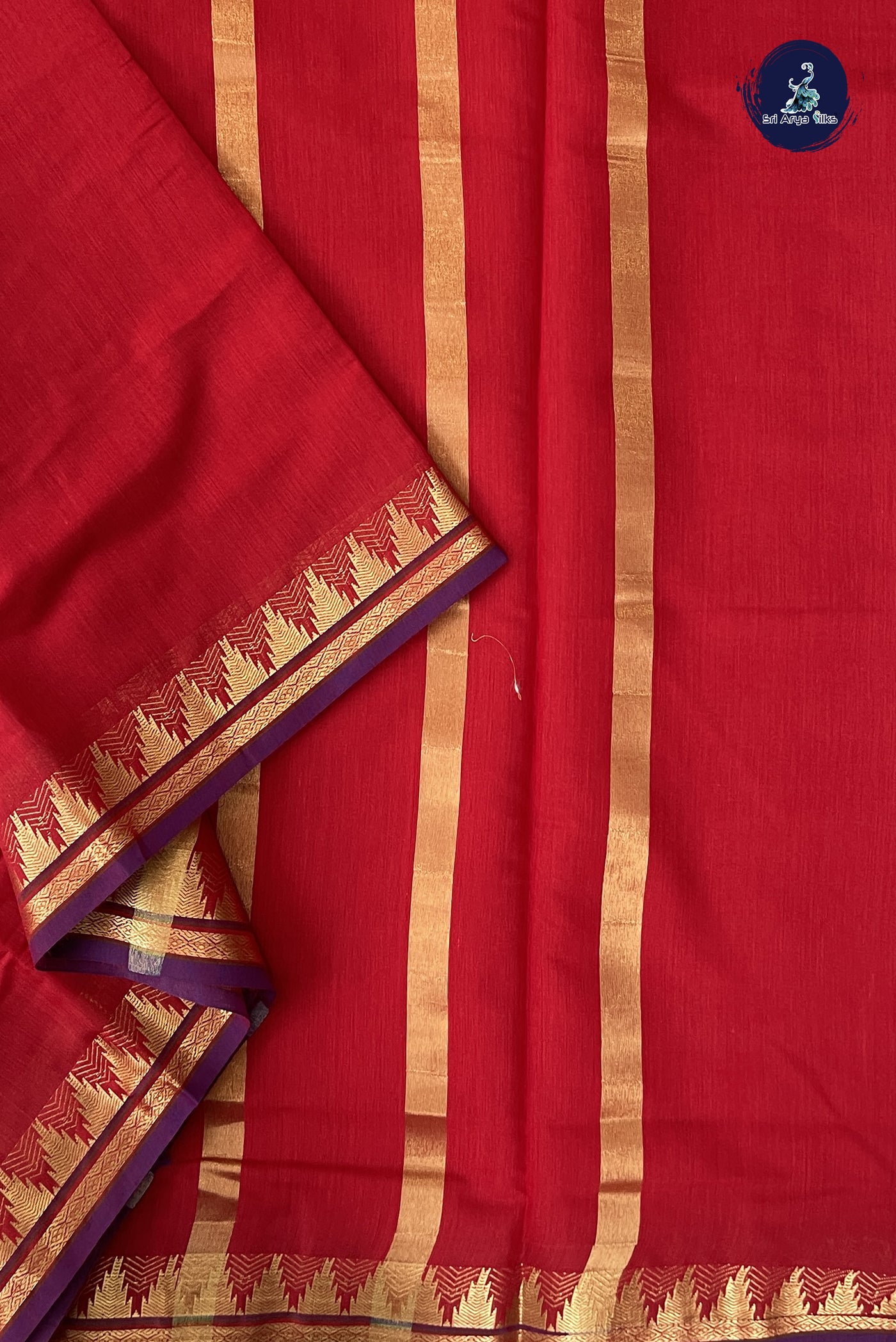 Red Madisar Semi Silk Cotton Saree With Plain Pattern