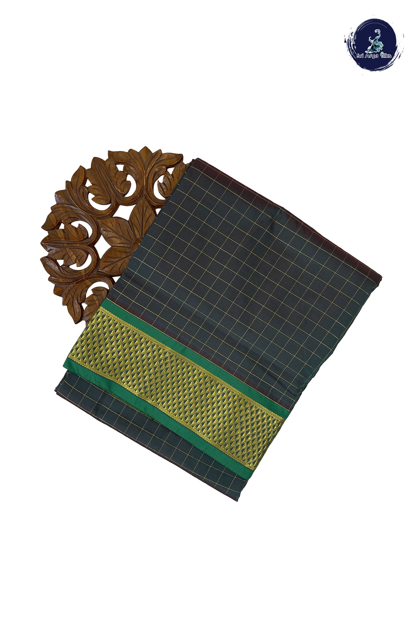 Peacock Green 10 Yards Semi Silk With Checked Pattern