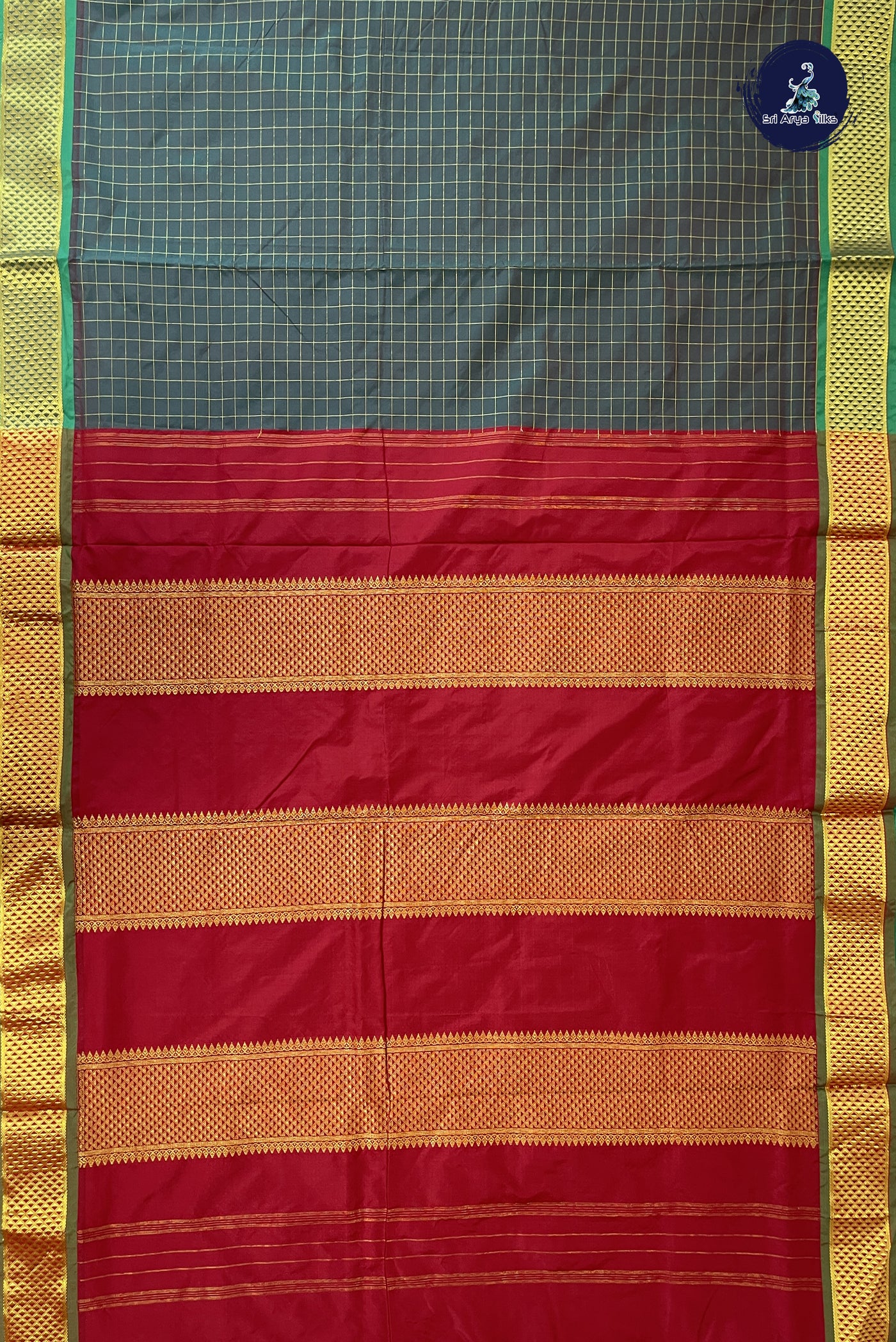 Peacock Green 10 Yards Semi Silk With Checked Pattern