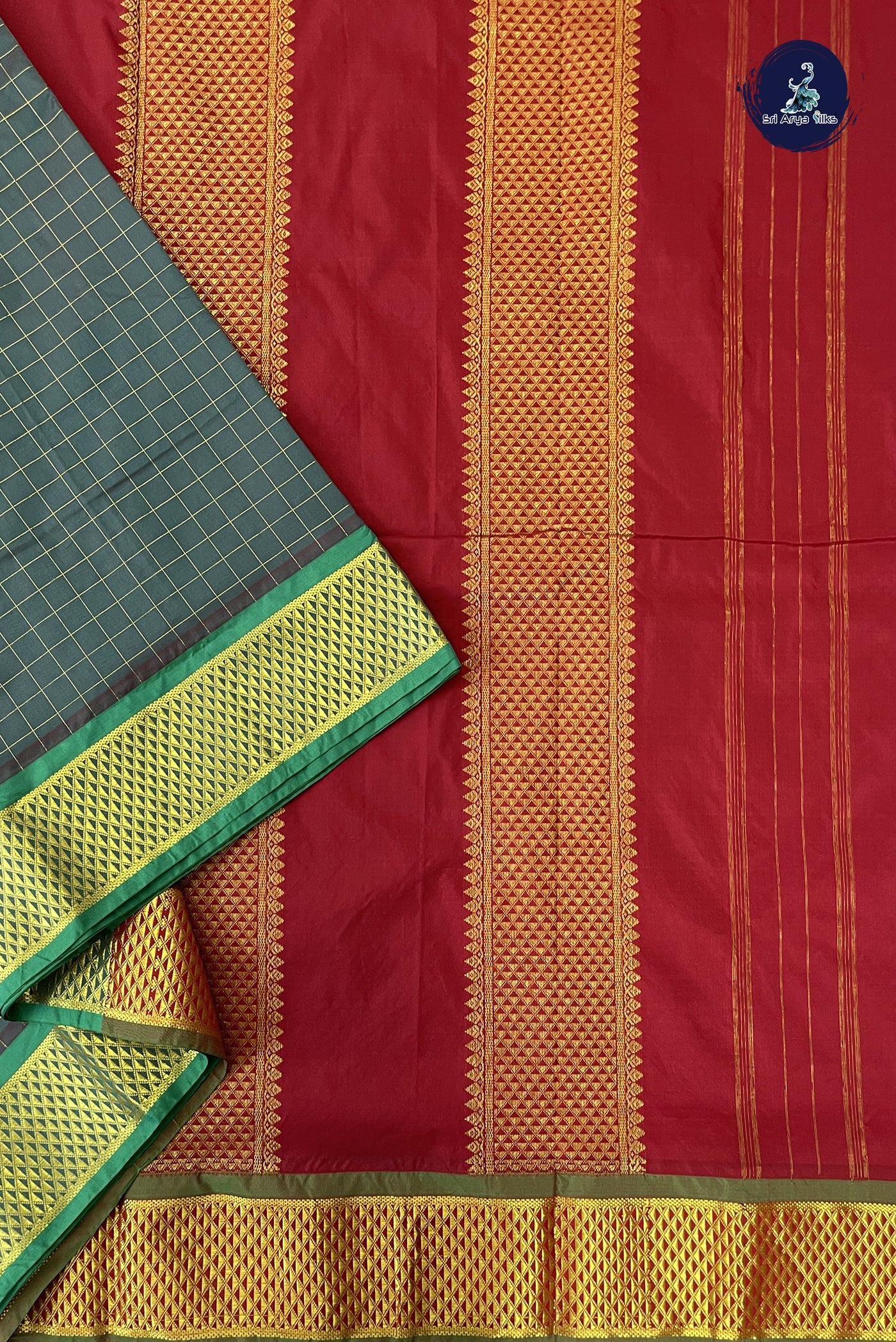 Peacock Green 10 Yards Semi Silk With Checked Pattern