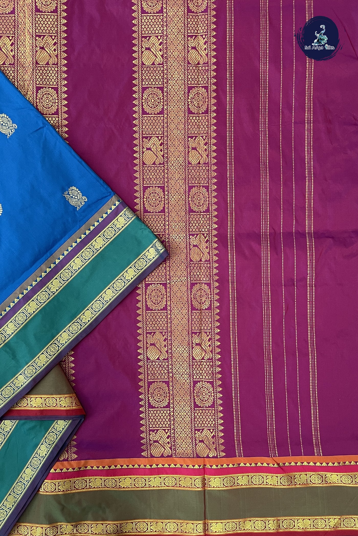 Peacock Blue 10 Yards Semi Silk With Zari Buttas Pattern