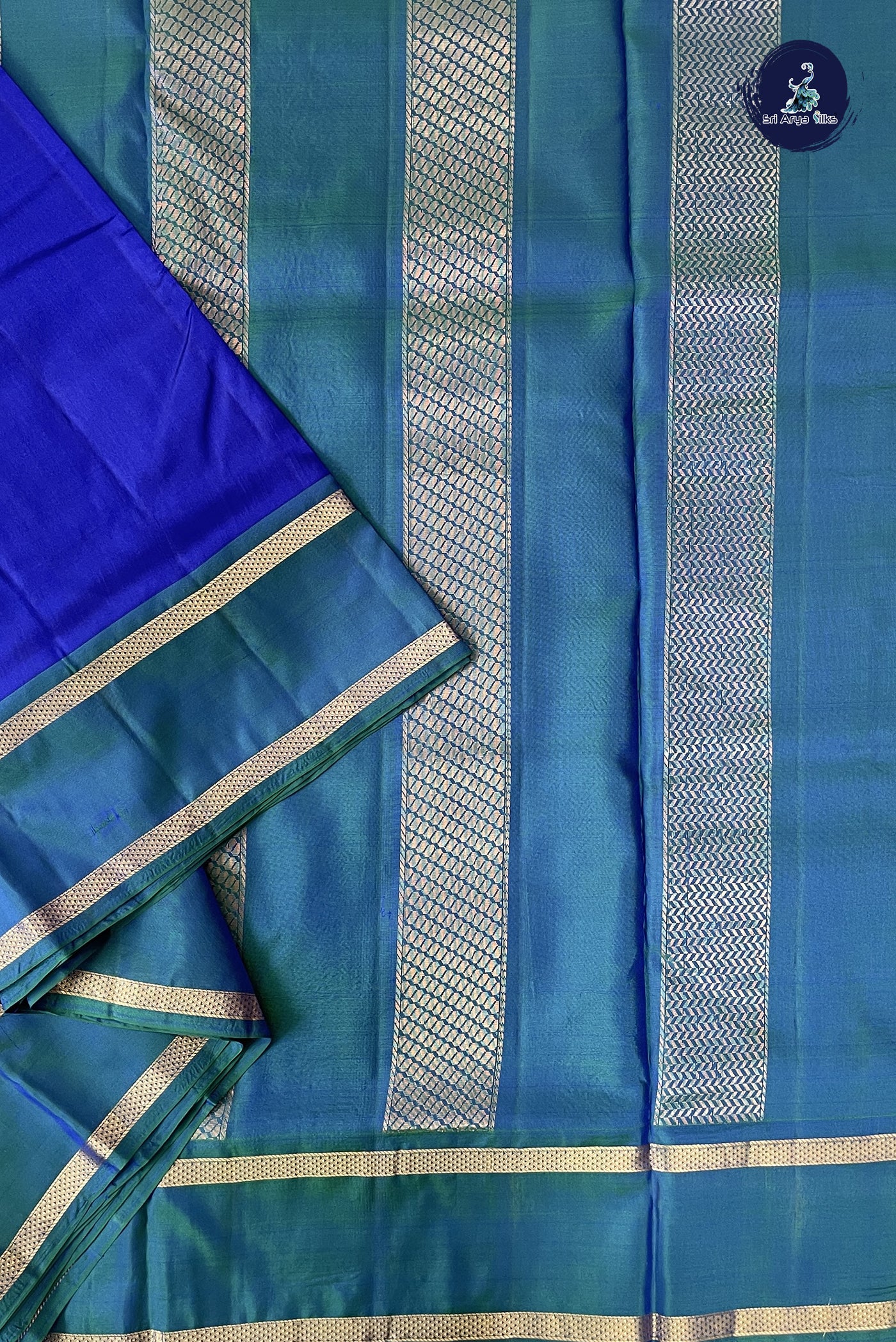 MS Blue Madisar 10 Yards Silk Saree With Plain Pattern