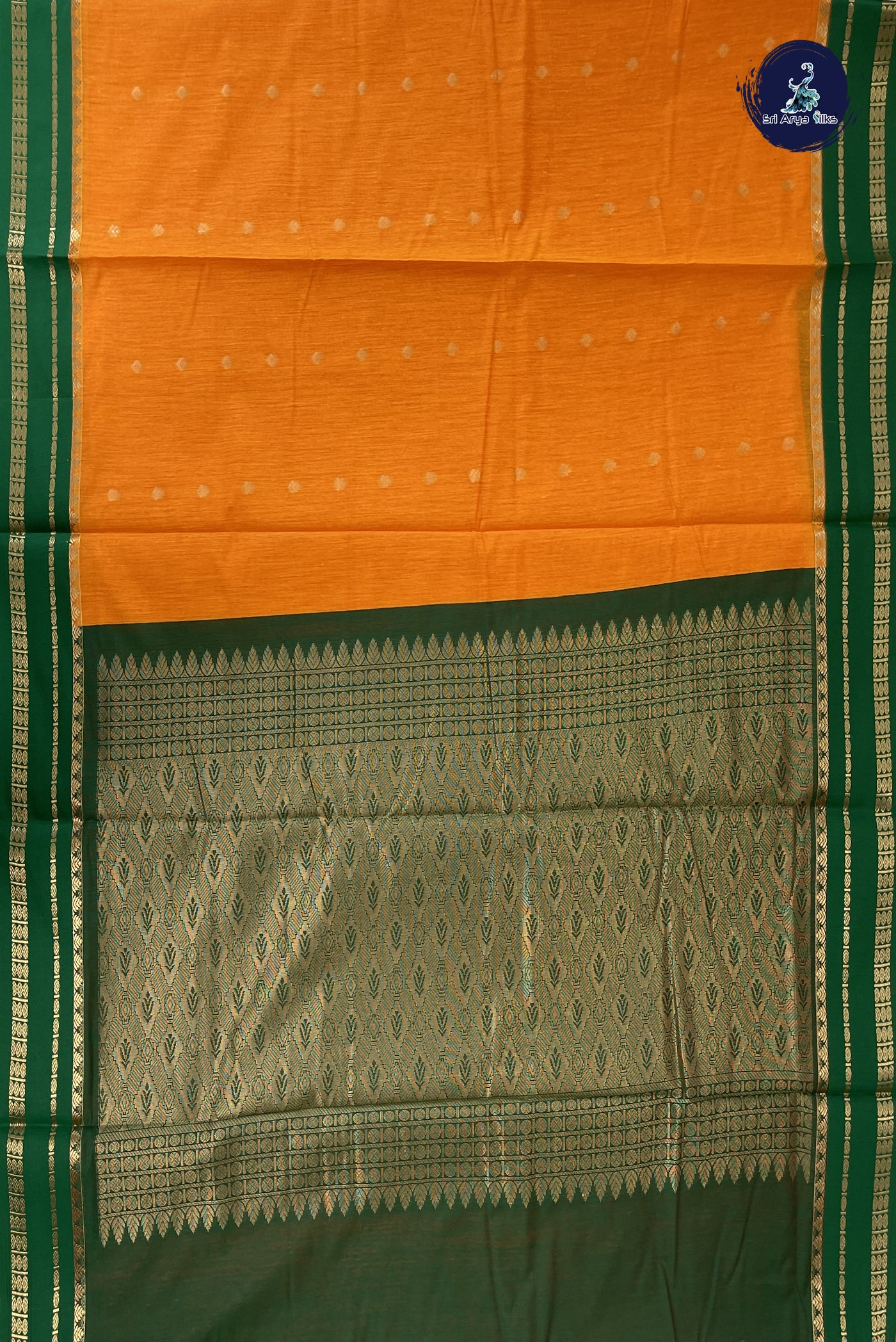 Yellowish Orange Madisar Semi Silk Cotton Saree With Zari Buttas Pattern