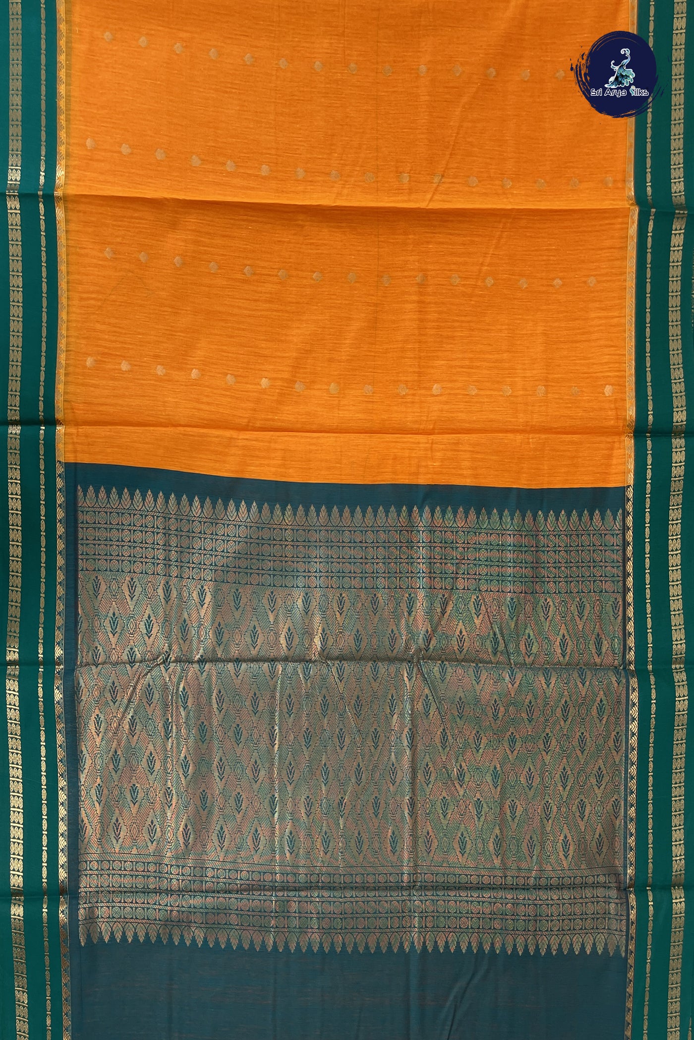 Yellowish Orange Madisar Semi Silk Cotton Saree With Zari Buttas Pattern