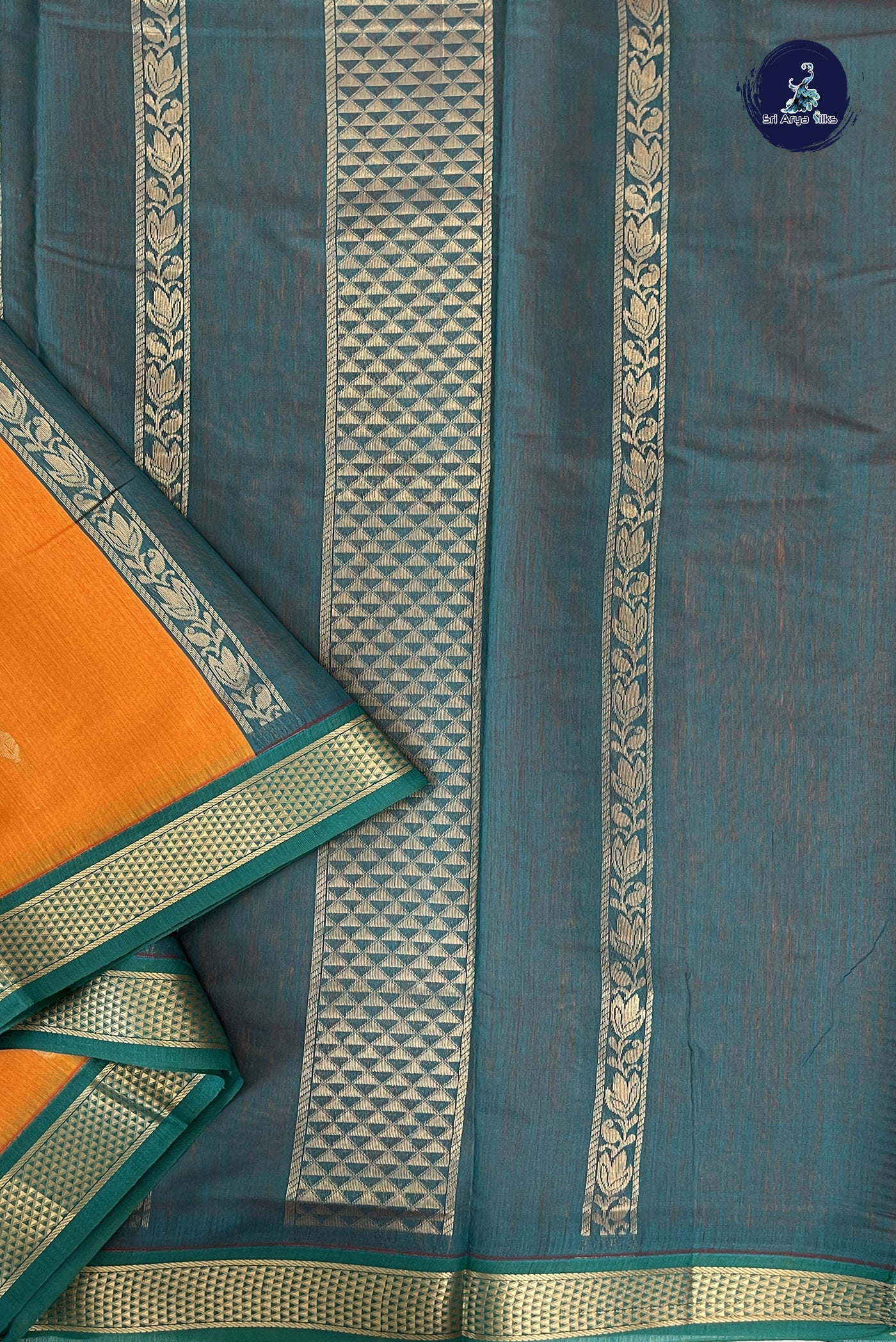 Yellowish Orange Madisar Semi Silk Cotton Saree With Zari Buttas Pattern