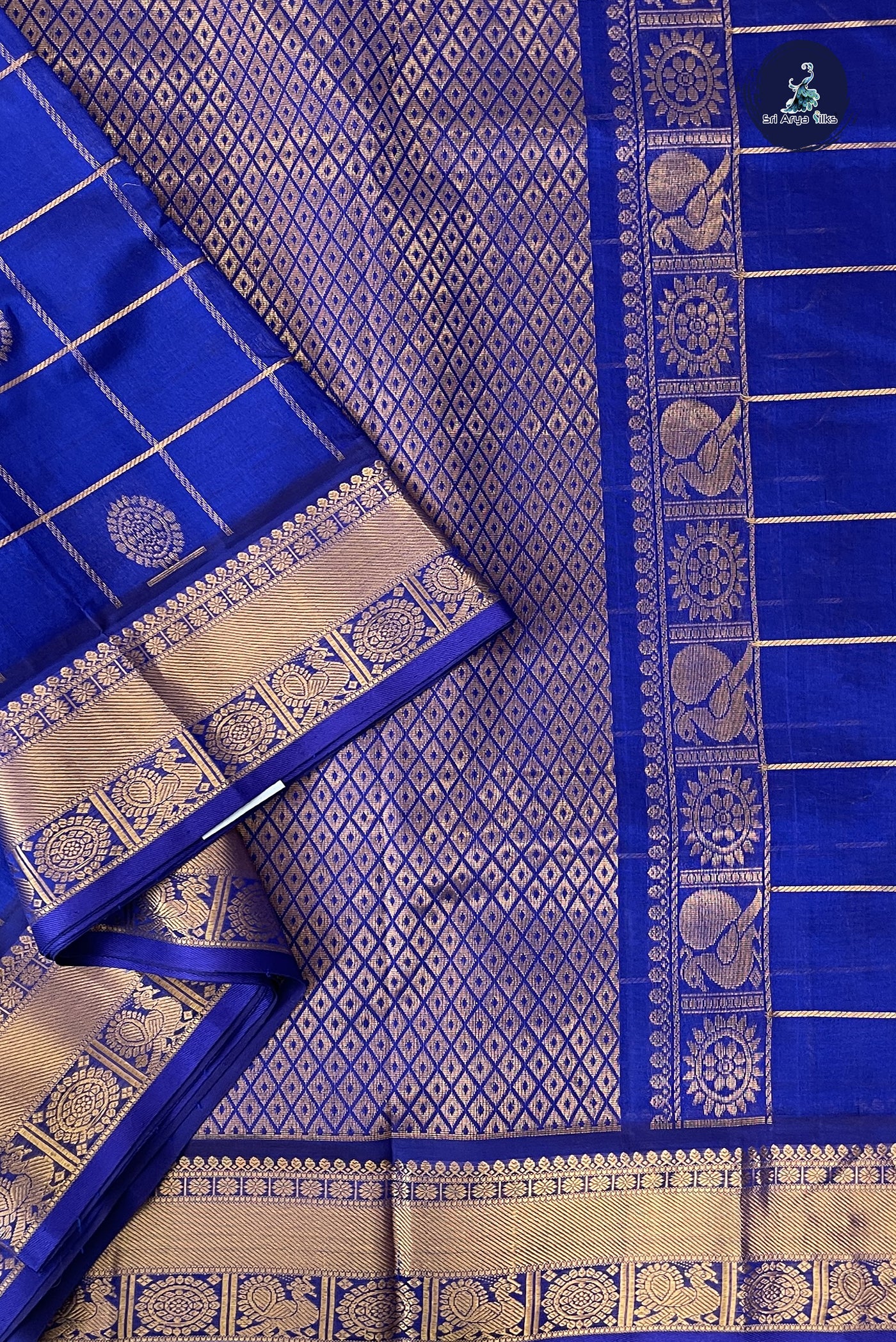 Royal Blue 10 Yards Silk Cotton Saree With Zari Checked Pattern