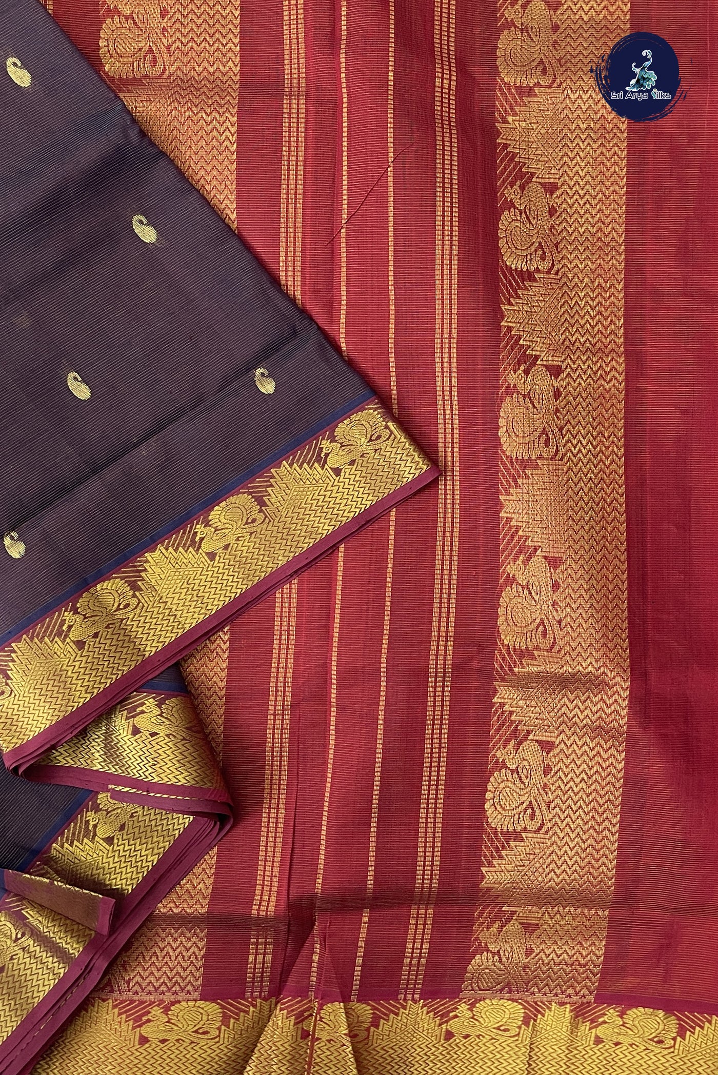 Coffee Brown 10 Yards Silk Cotton Saree With Vaira Oosi Pattern