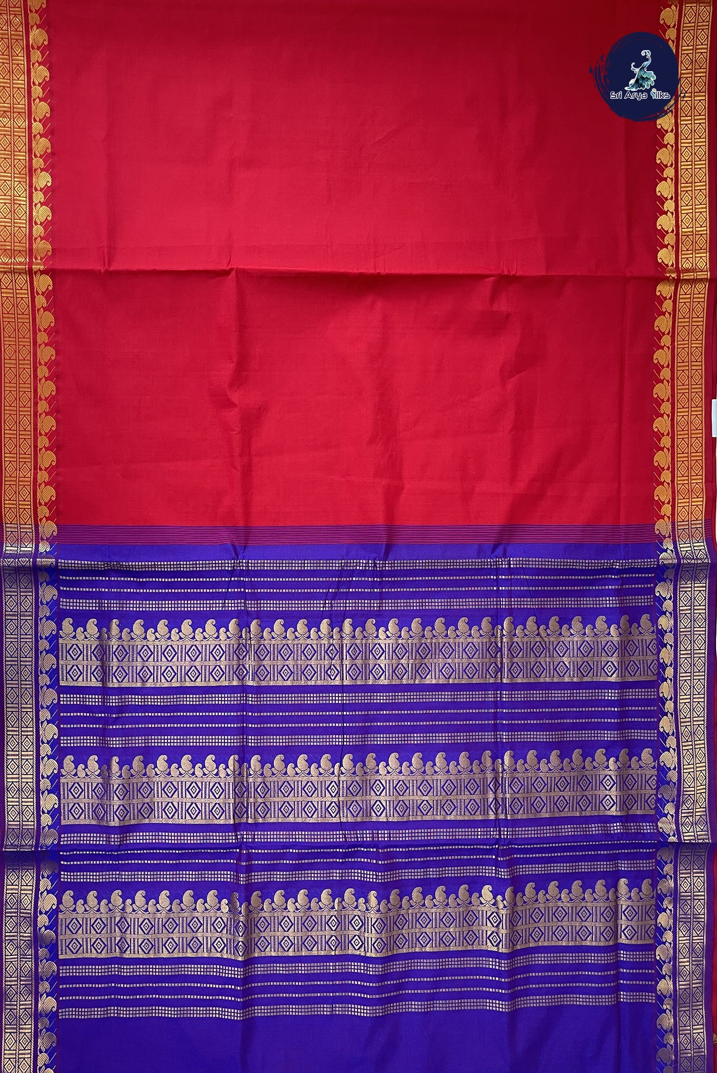 Red Madisar Semi Silk Cotton Saree With Plain Pattern