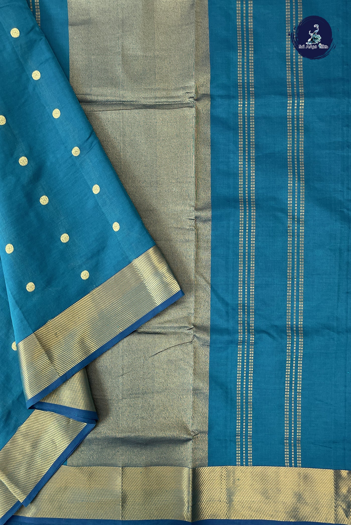 Sapphire Green Madisar Semi Silk Cotton Saree With Zari Buttas Pattern