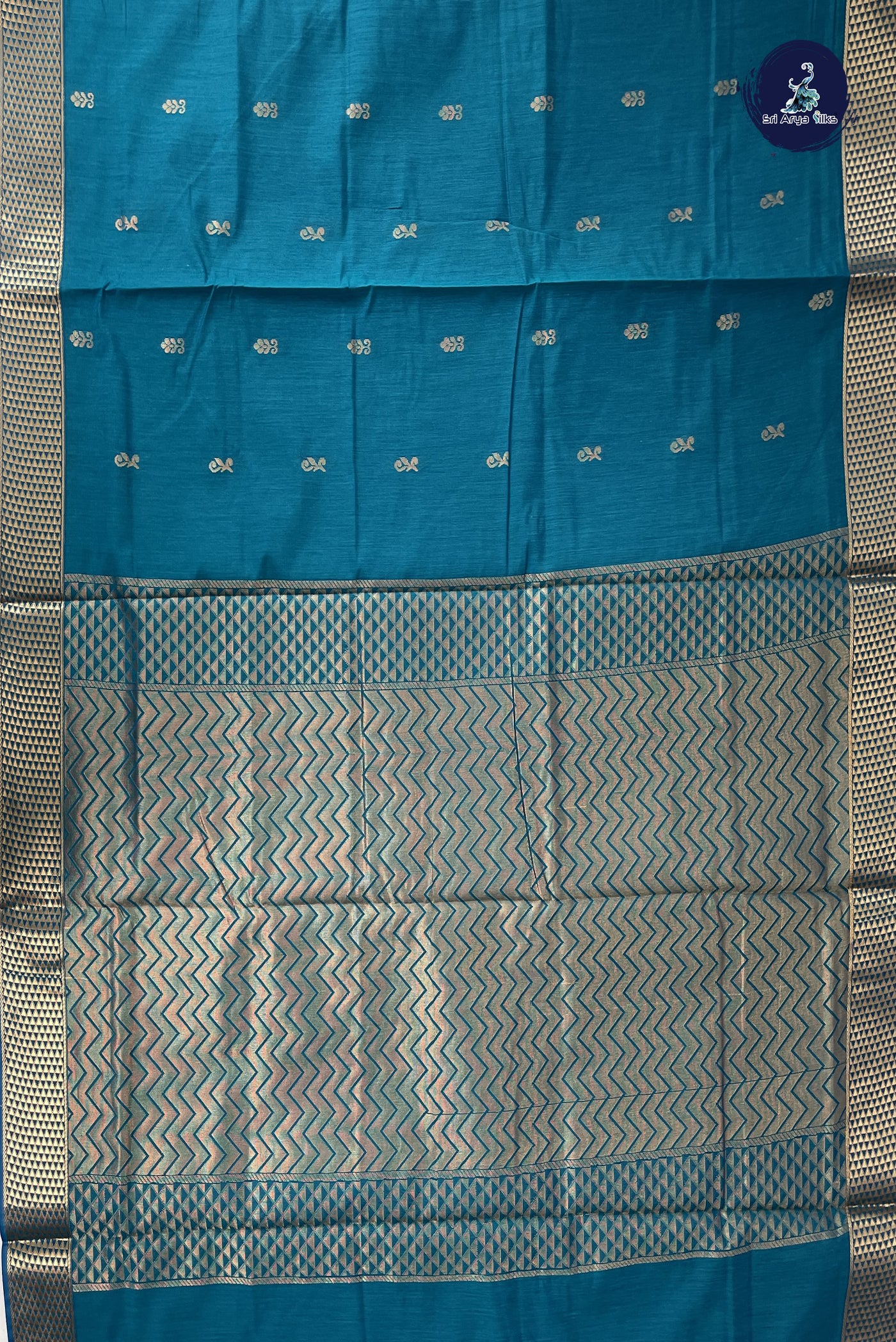 Sapphire Green Madisar Semi Silk Cotton Saree With Zari Buttas Pattern