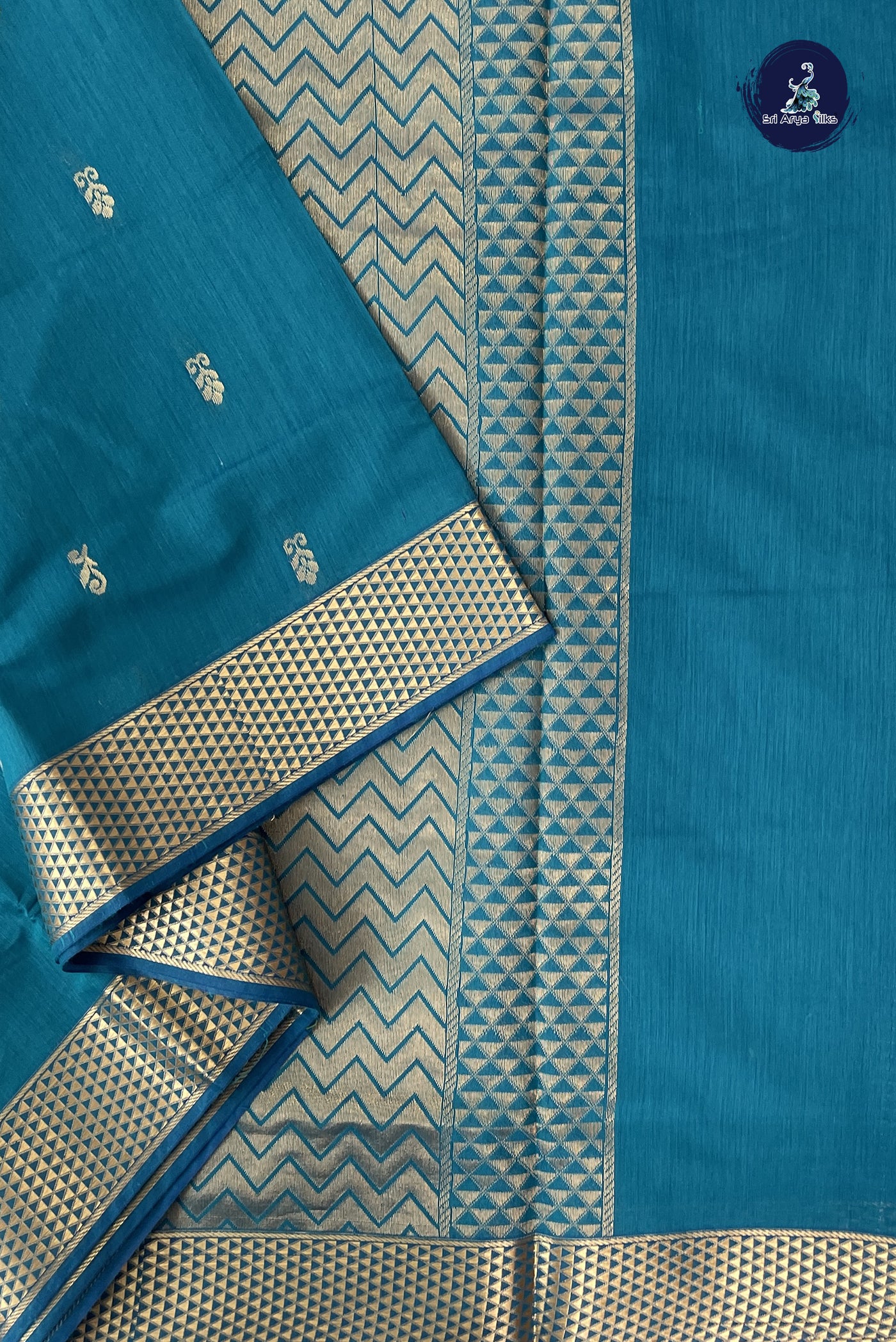 Sapphire Green Madisar Semi Silk Cotton Saree With Zari Buttas Pattern