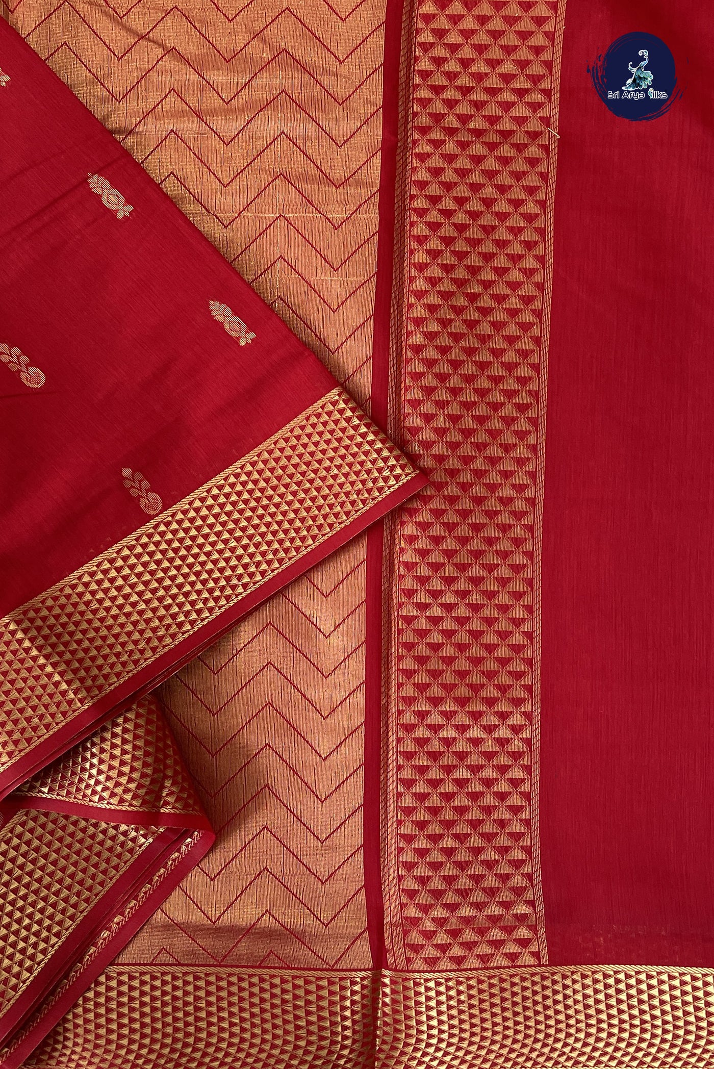 Red Madisar Semi Silk Cotton Saree With Zari Buttas Pattern