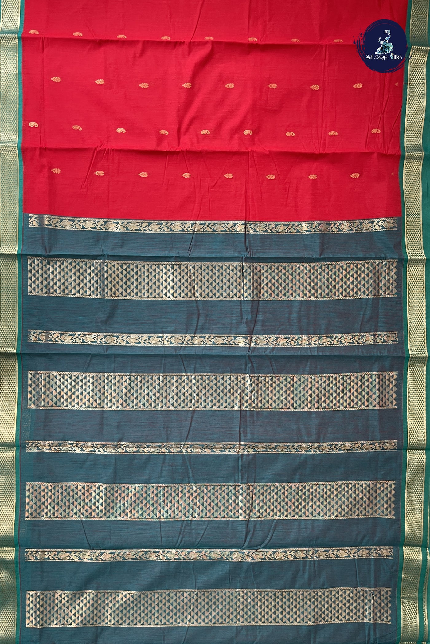 Red Madisar Semi Silk Cotton Saree With Zari Buttas Pattern