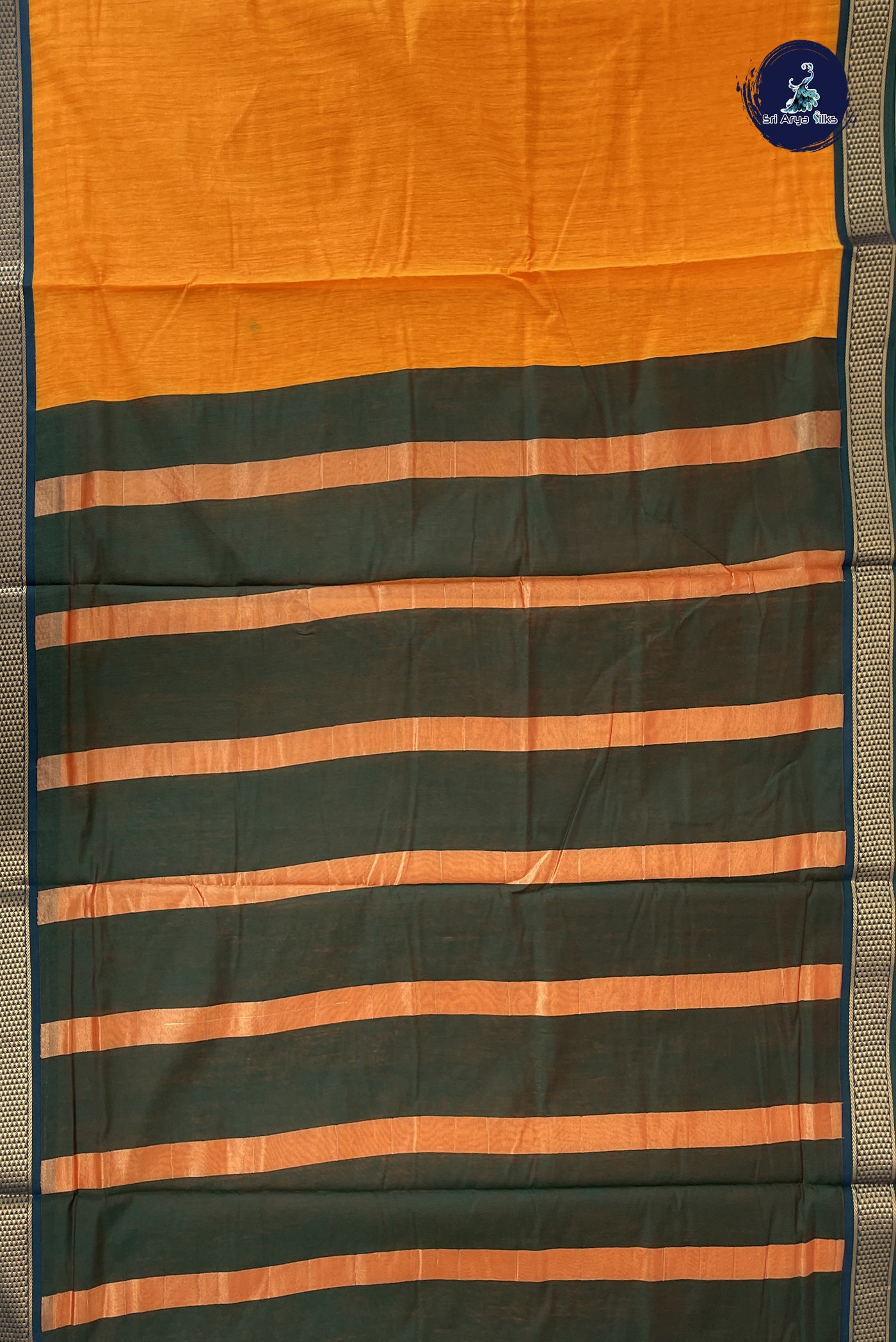 Yellowish Orange Madisar Semi Silk Cotton Saree With Plain Pattern