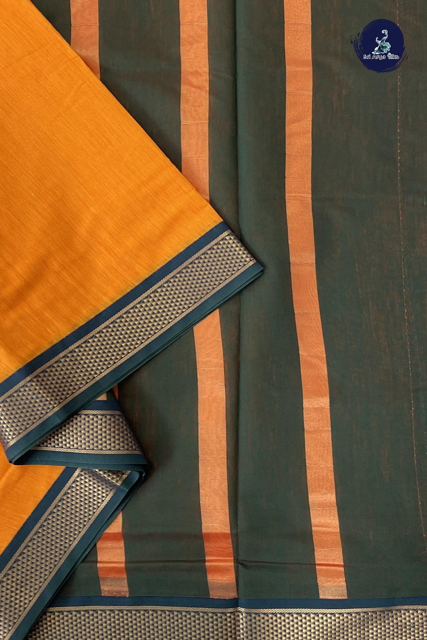 Yellowish Orange Madisar Semi Silk Cotton Saree With Plain Pattern