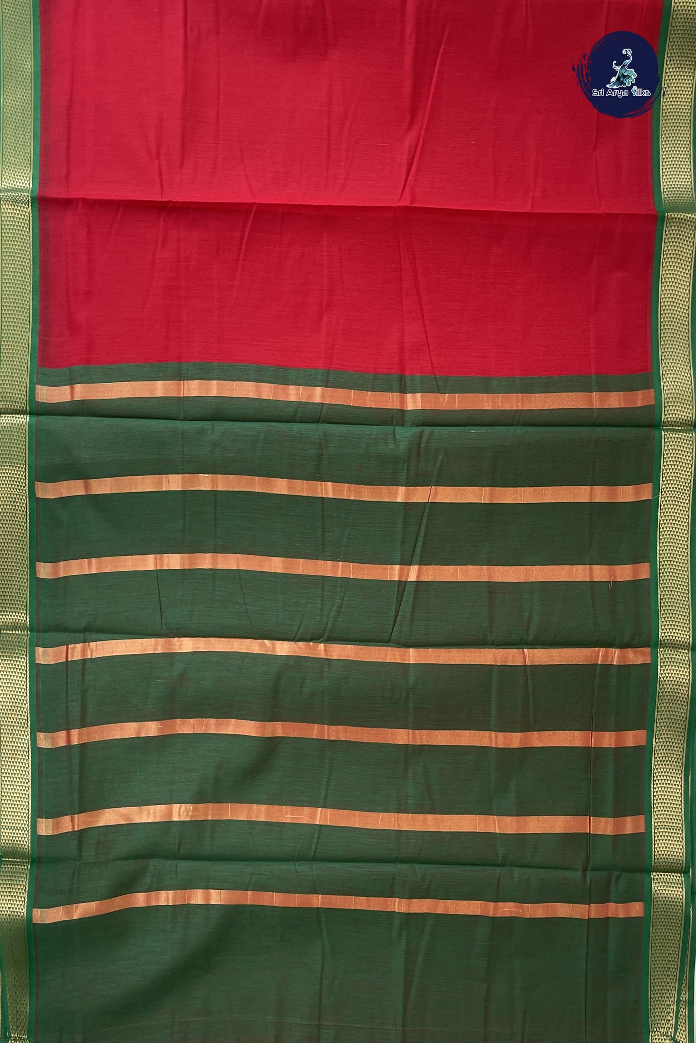 Red Madisar Semi Silk Cotton Saree With Plain Pattern