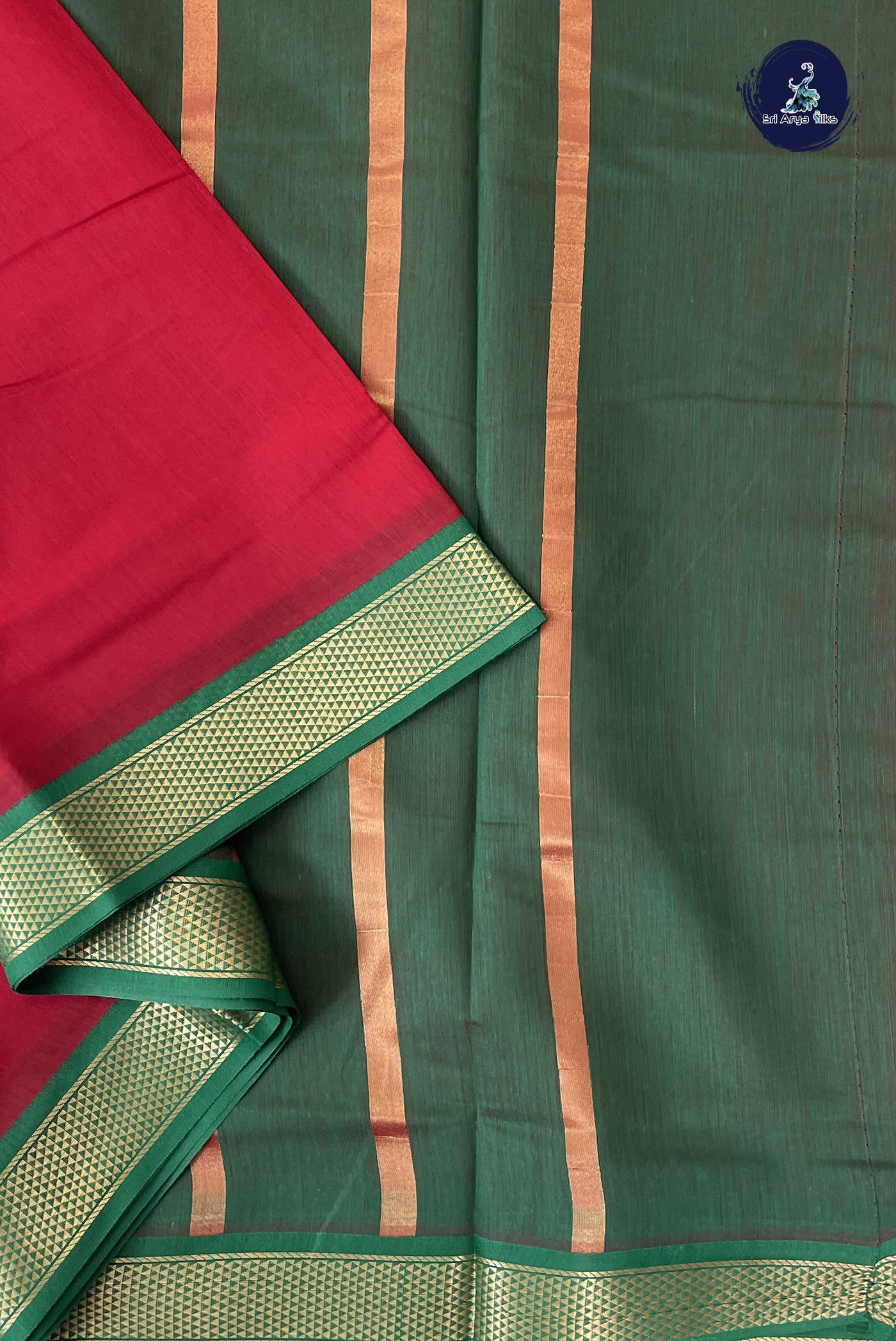 Red Madisar Semi Silk Cotton Saree With Plain Pattern
