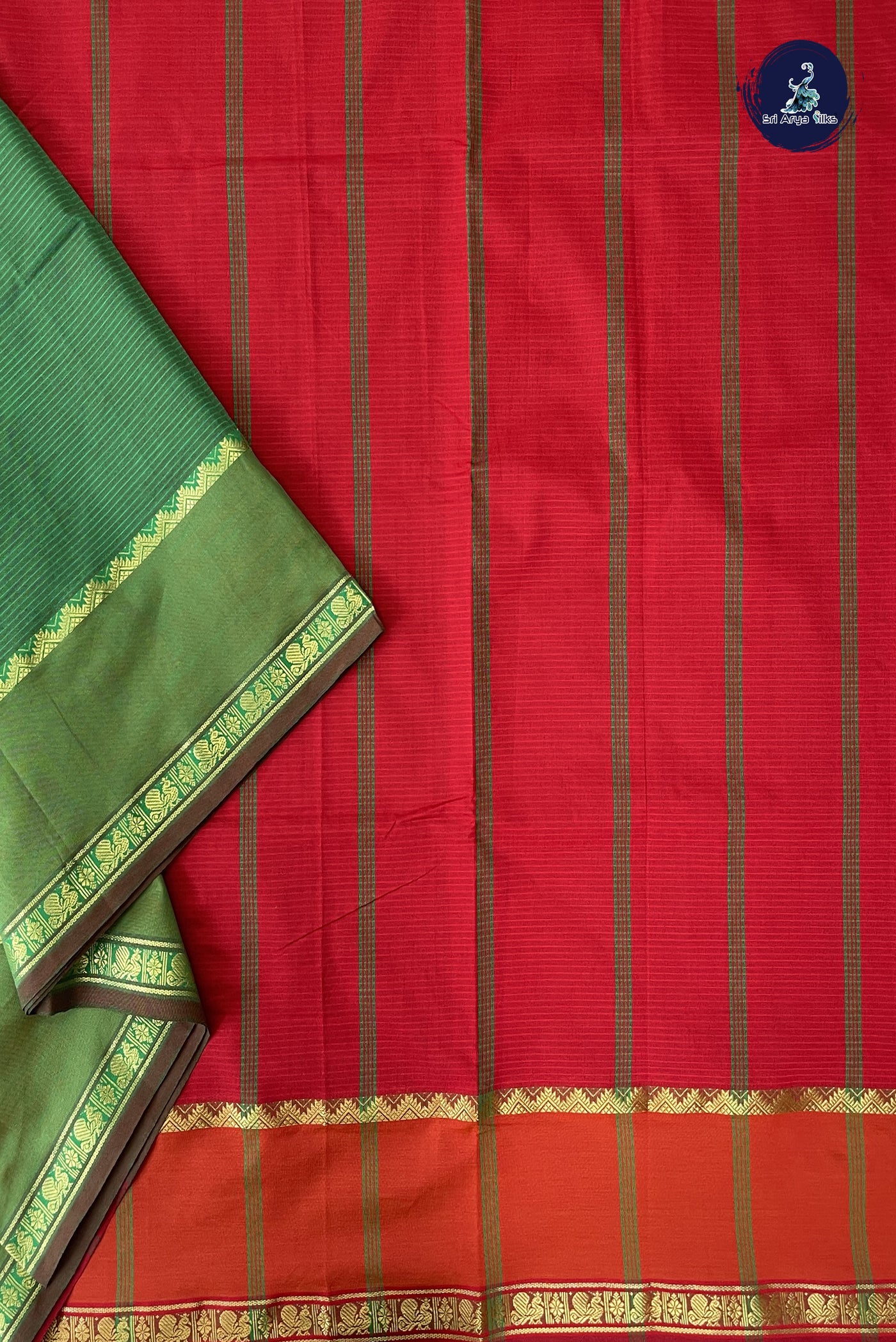Green Madisar Semi Silk Cotton Saree With Doria Lines Pattern