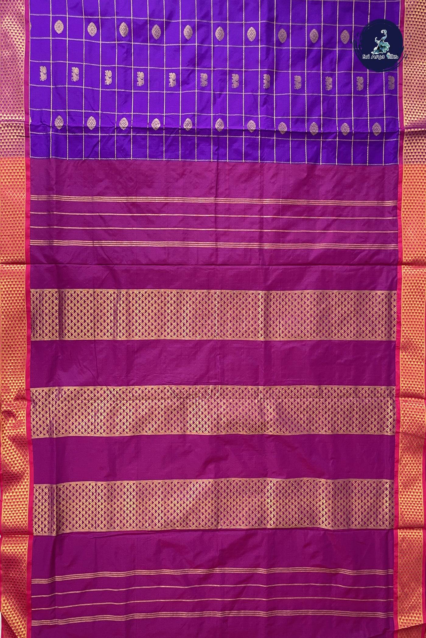 Purple 10 Yards Semi Silk With Zari Checked Pattern