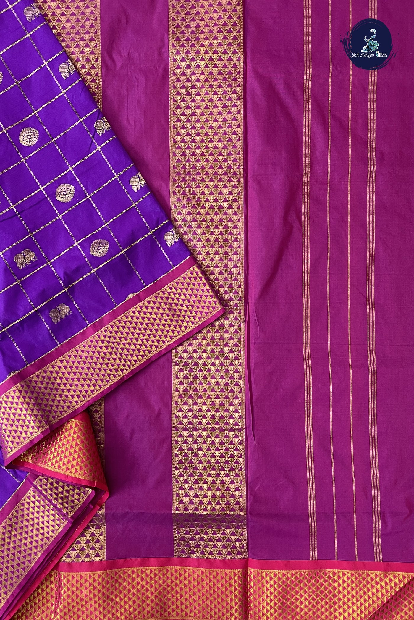 Purple 10 Yards Semi Silk With Zari Checked Pattern