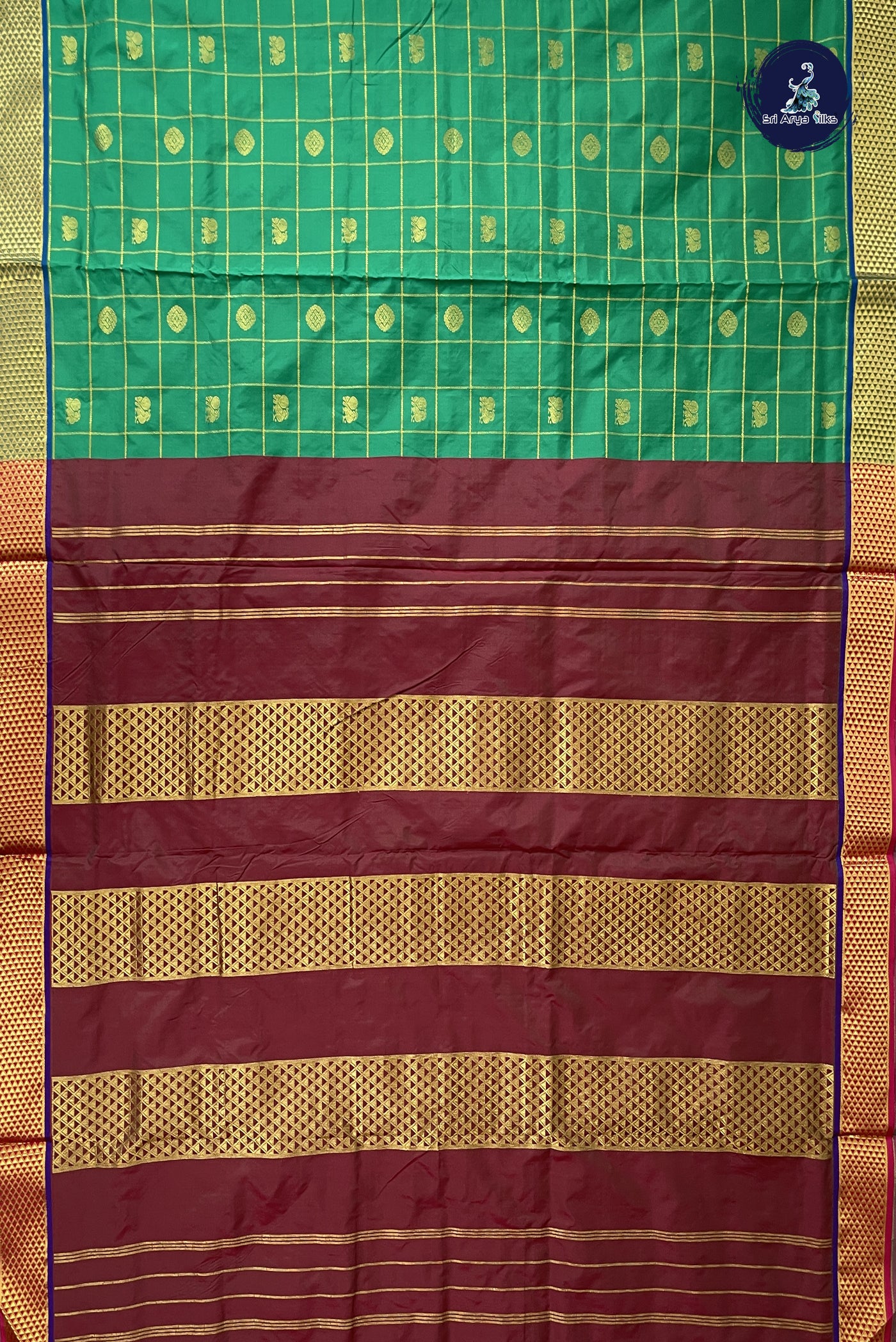 Green 10 Yards Semi Silk With Zari Checked Pattern