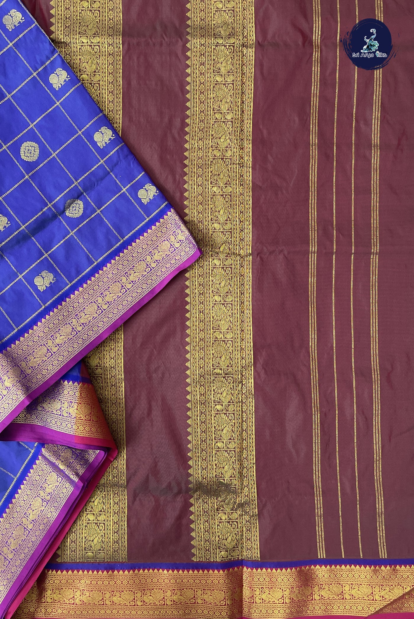 Violet 10 Yards Semi Silk With Zari Checked Pattern